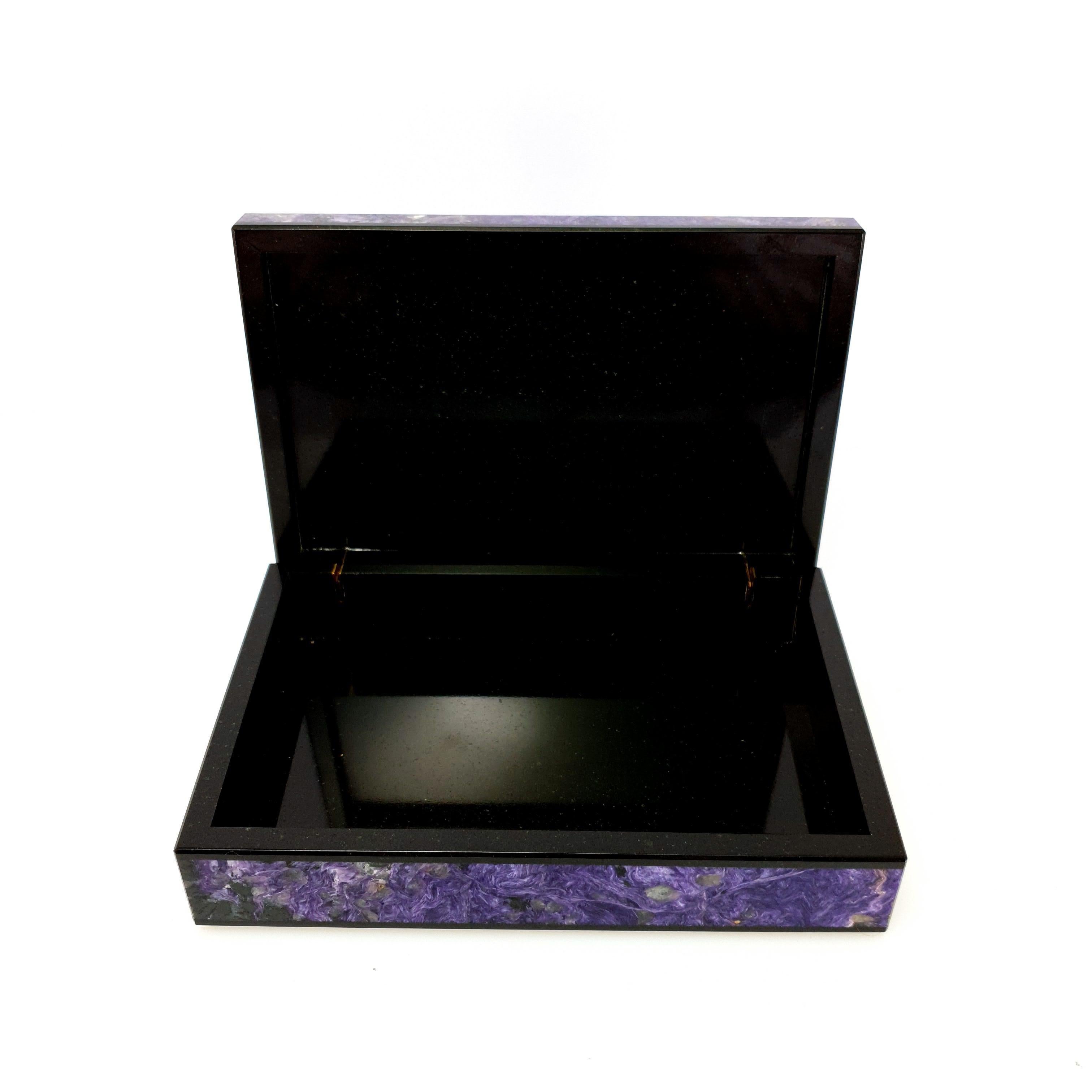 Purple Charoite Decorative Jewelry Gemstone Box with Black Marble Inlay For Sale 1