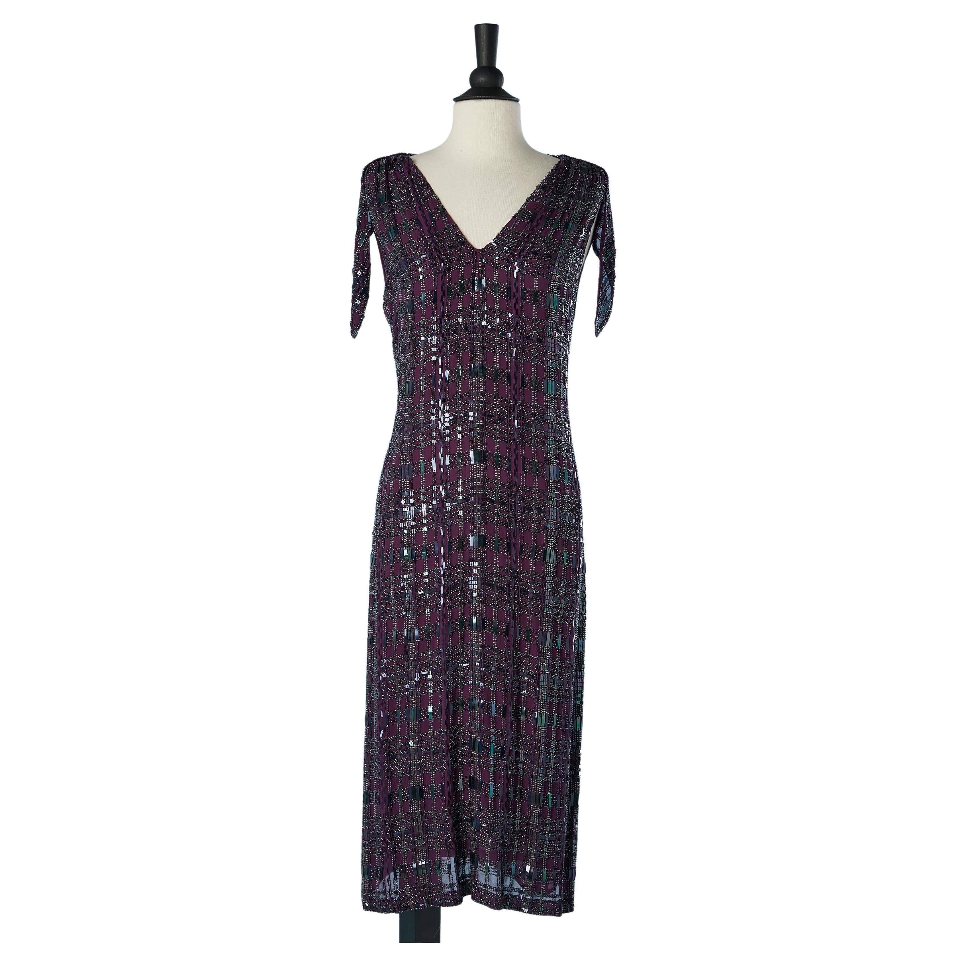 Purple chiffon cocktail dress with beaded work all over For Sale