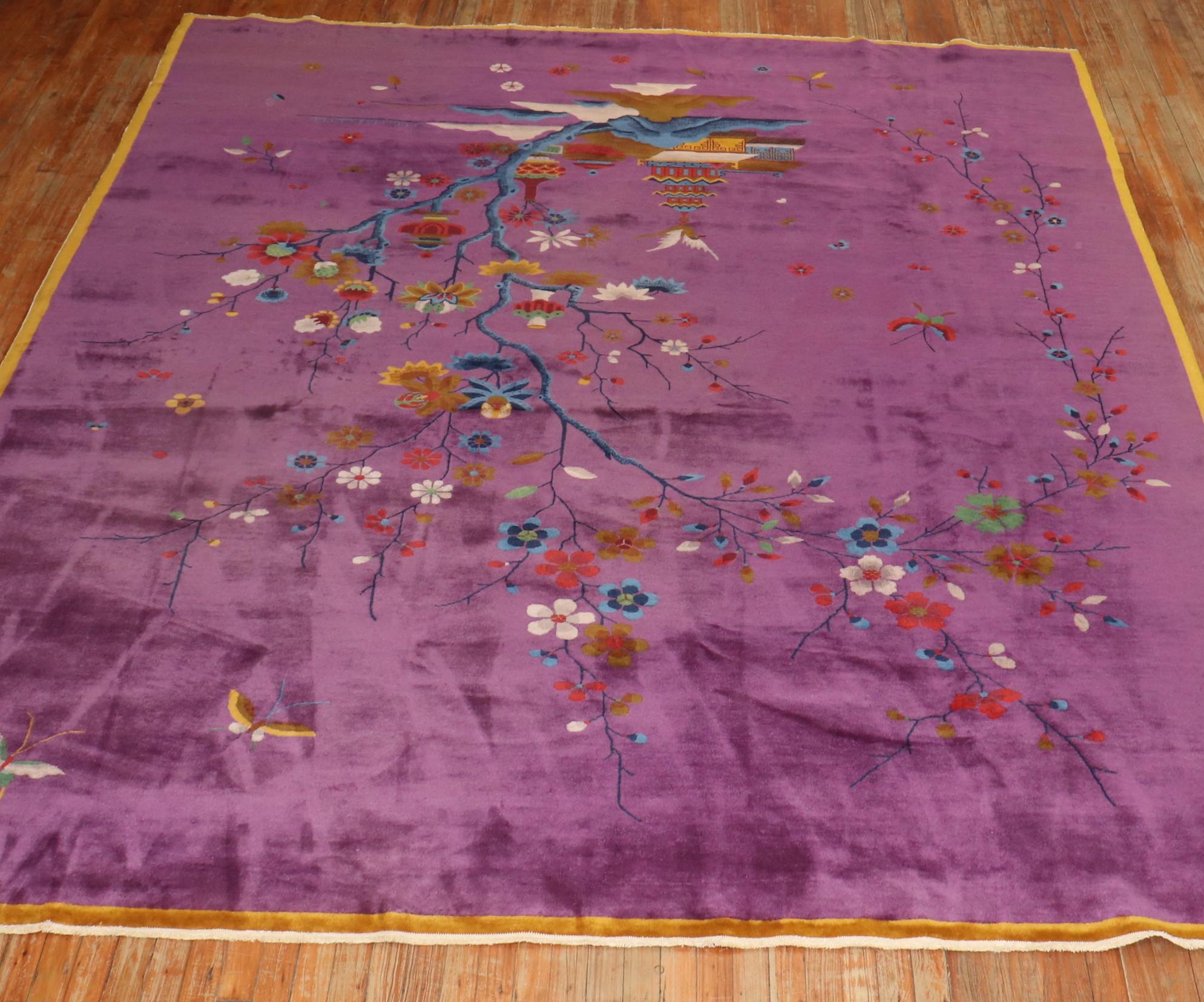 20th Century Stunning Walter Nichols Chinese Art Deco Purple Rug For Sale