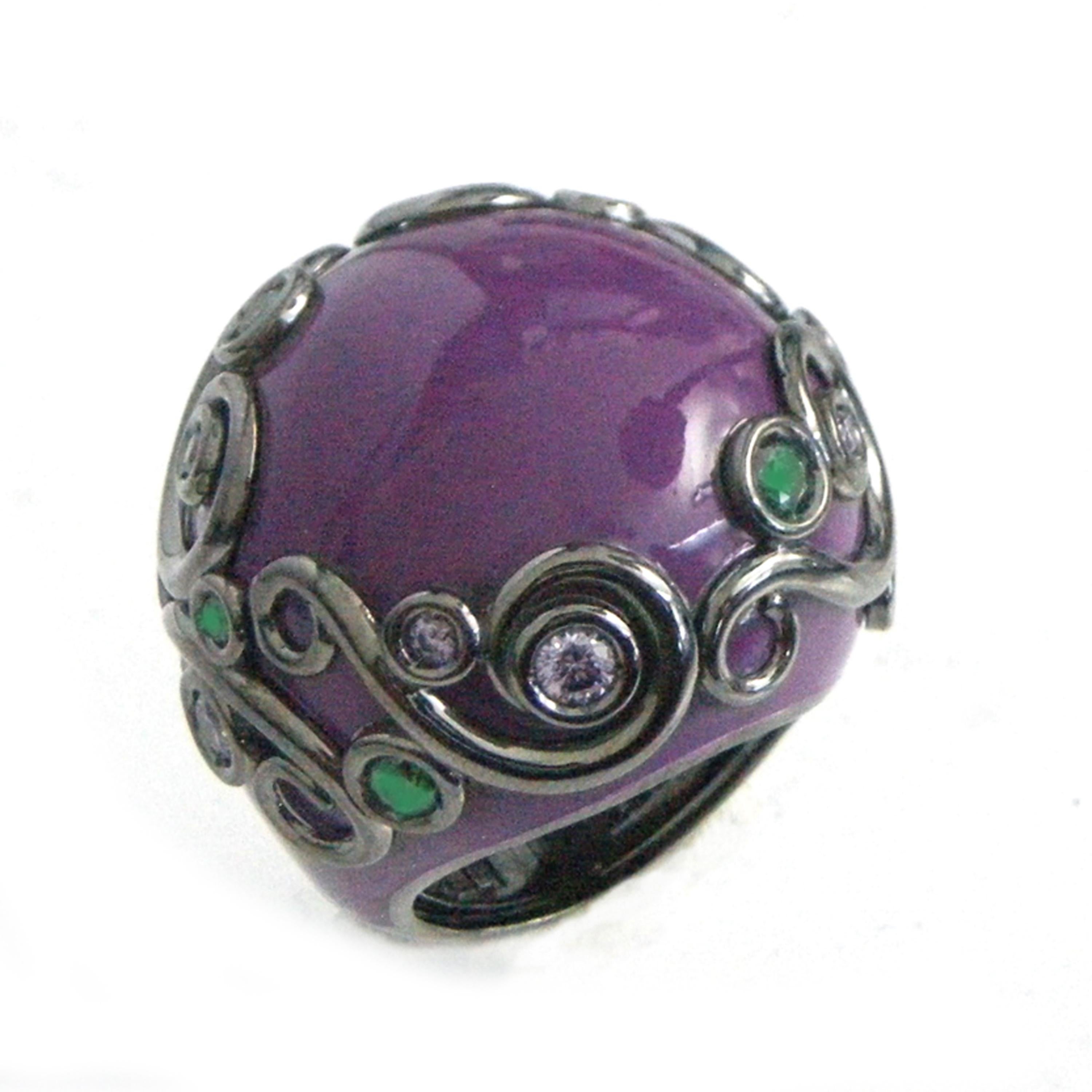 Purple Color Enamel Round Silver Ring with Tzavorite and Peridot For Sale 5