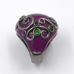Purple Color Enamel Round Silver Ring with Tzavorite and Peridot