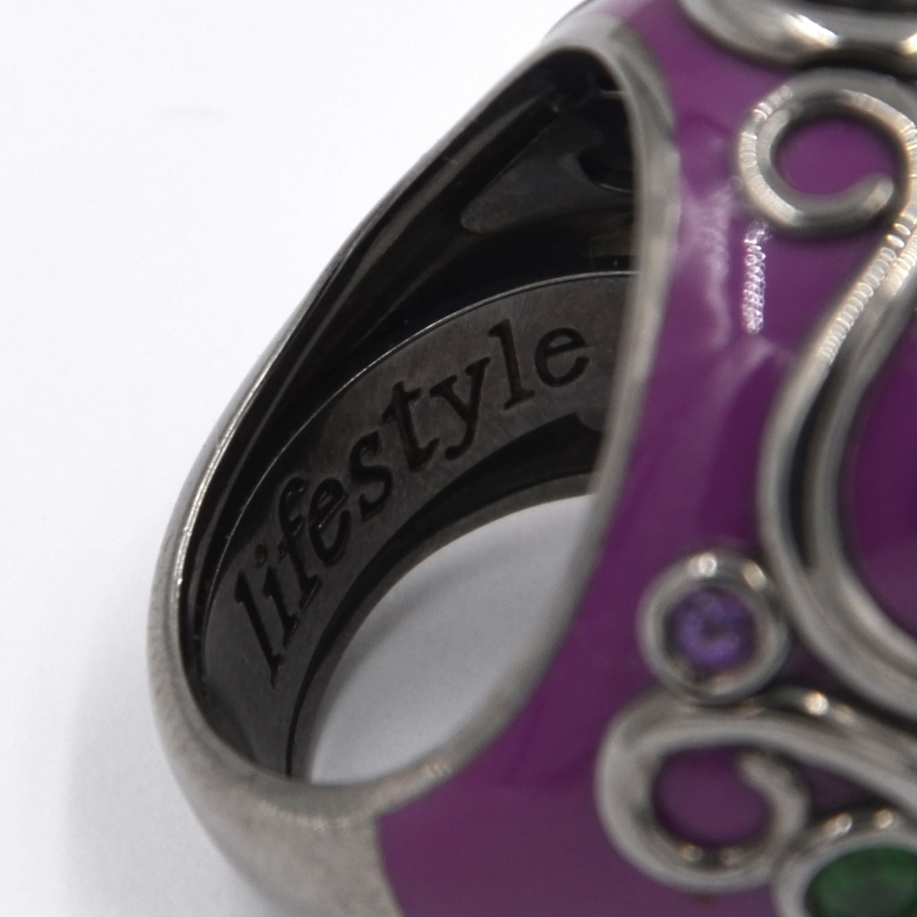 Purple Color Enamel Round Silver Ring with Tzavorite and Peridot In New Condition For Sale In Valenza, IT