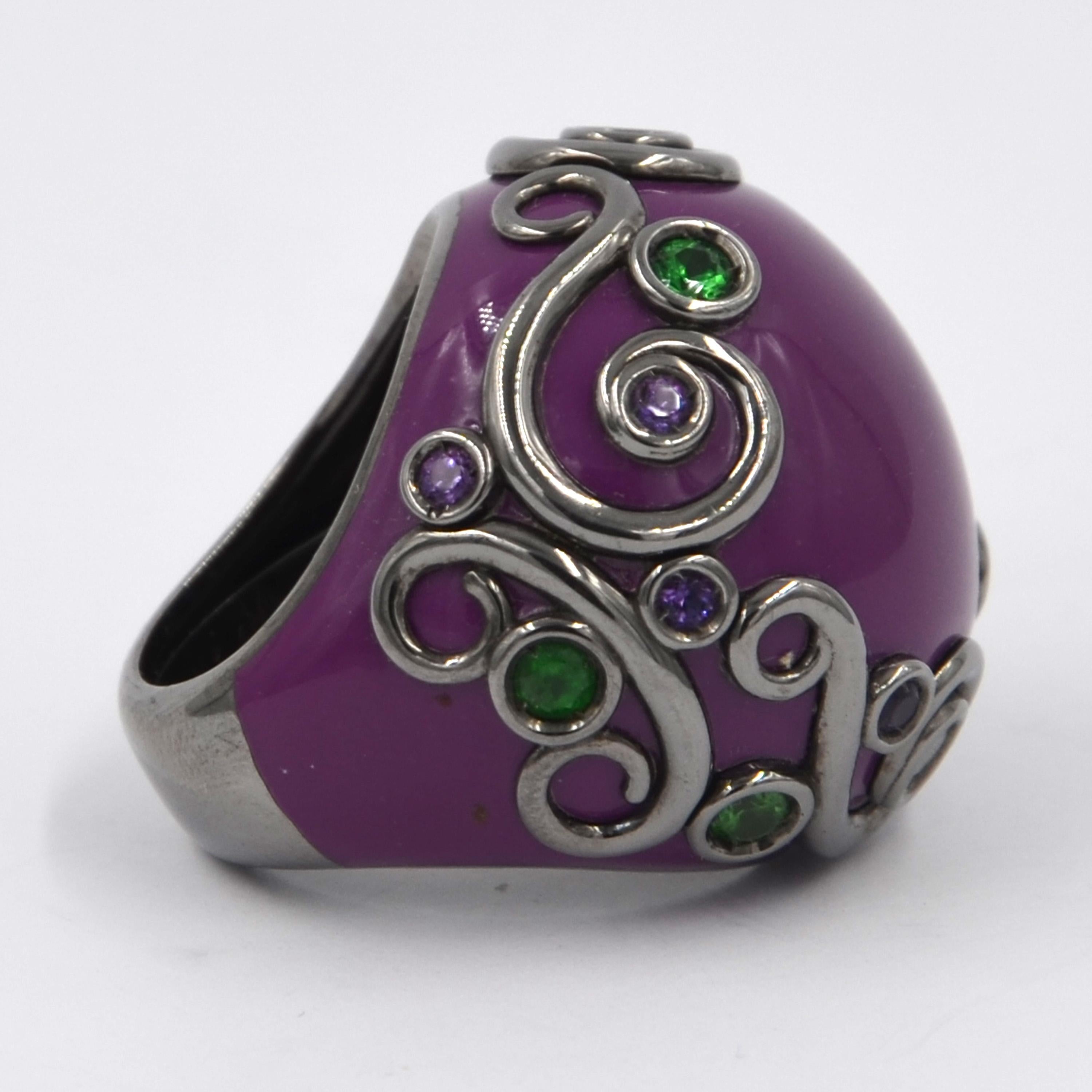 Women's Purple Color Enamel Round Silver Ring with Tzavorite and Peridot For Sale
