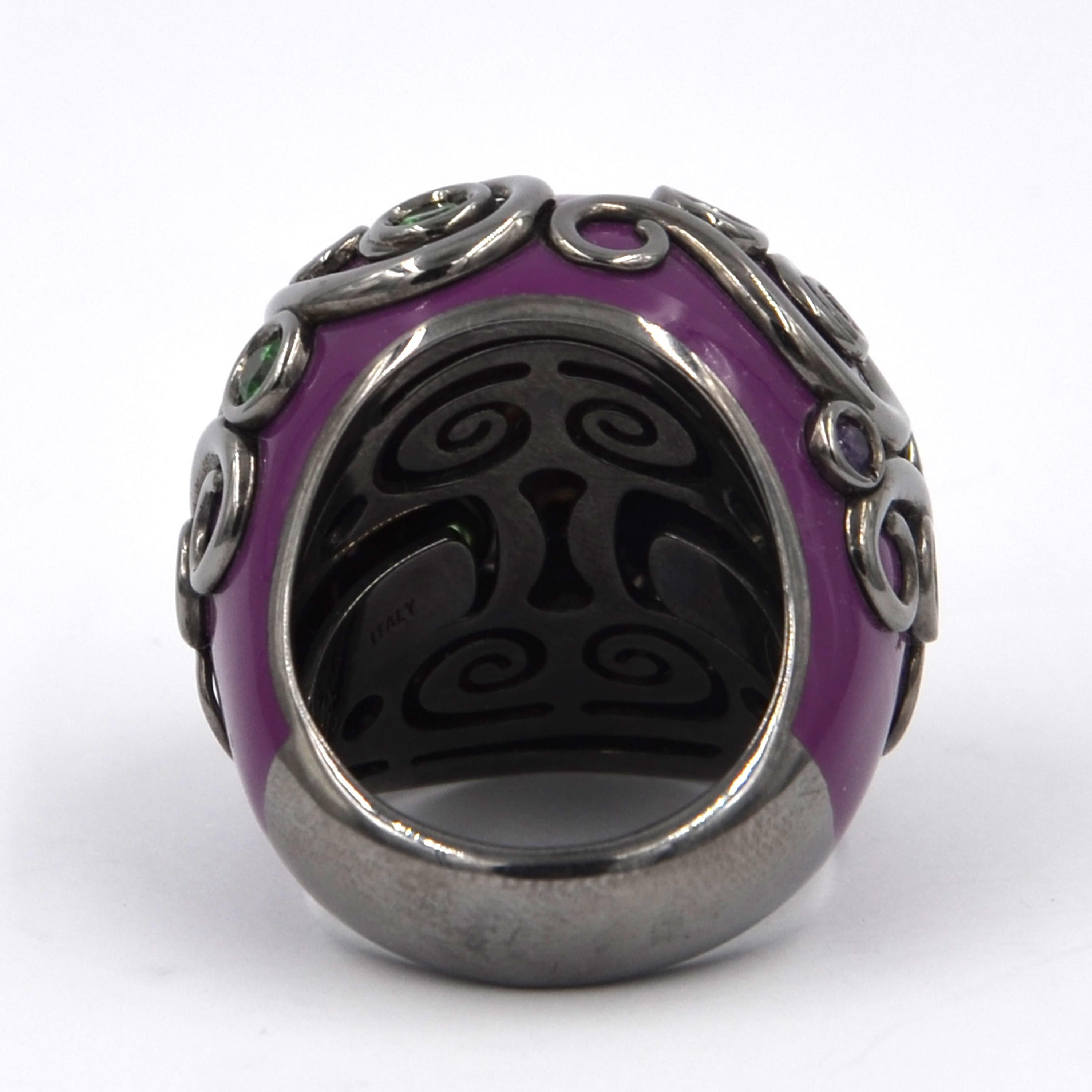 Purple Color Enamel Round Silver Ring with Tzavorite and Peridot For Sale 1