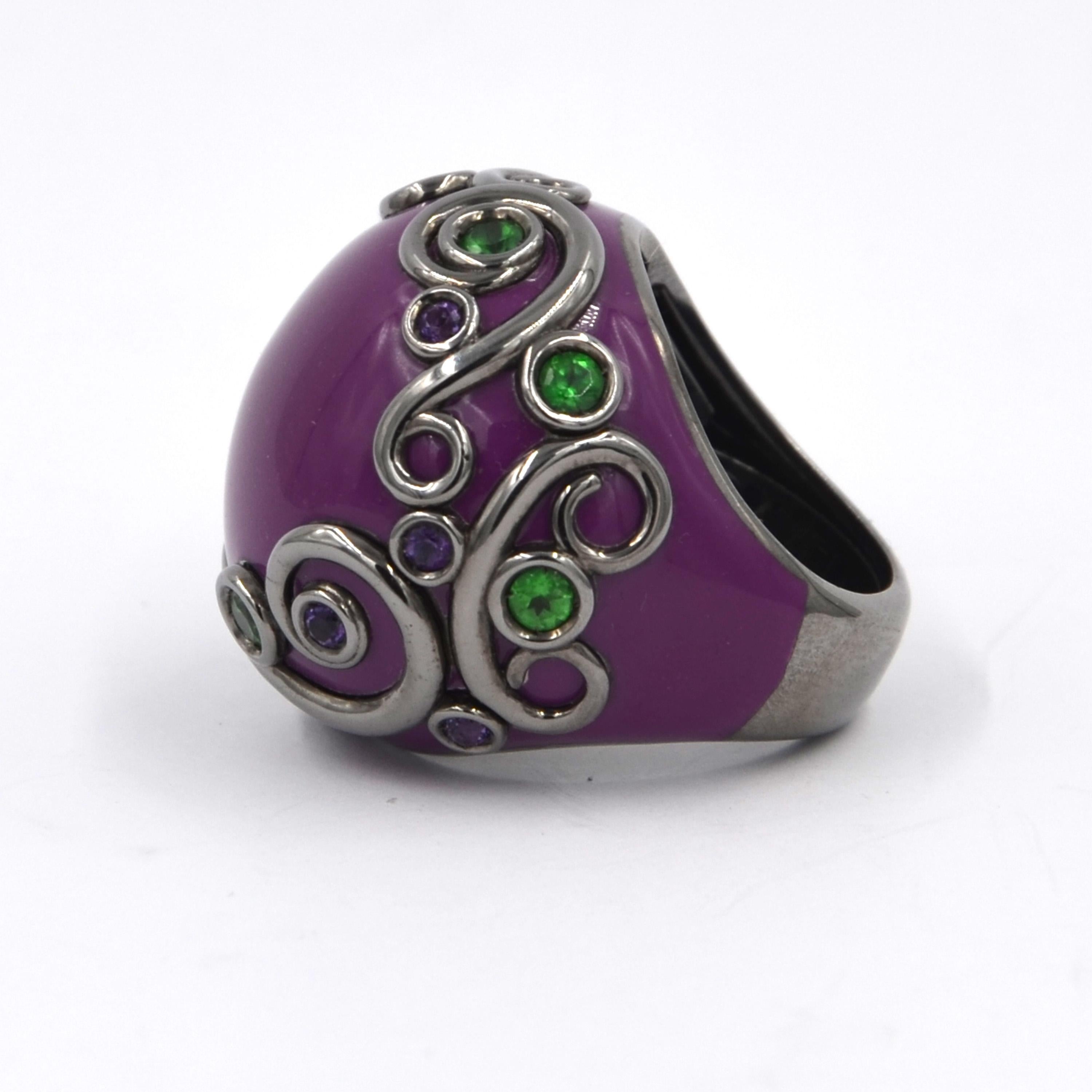 Purple Color Enamel Round Silver Ring with Tzavorite and Peridot For Sale 3
