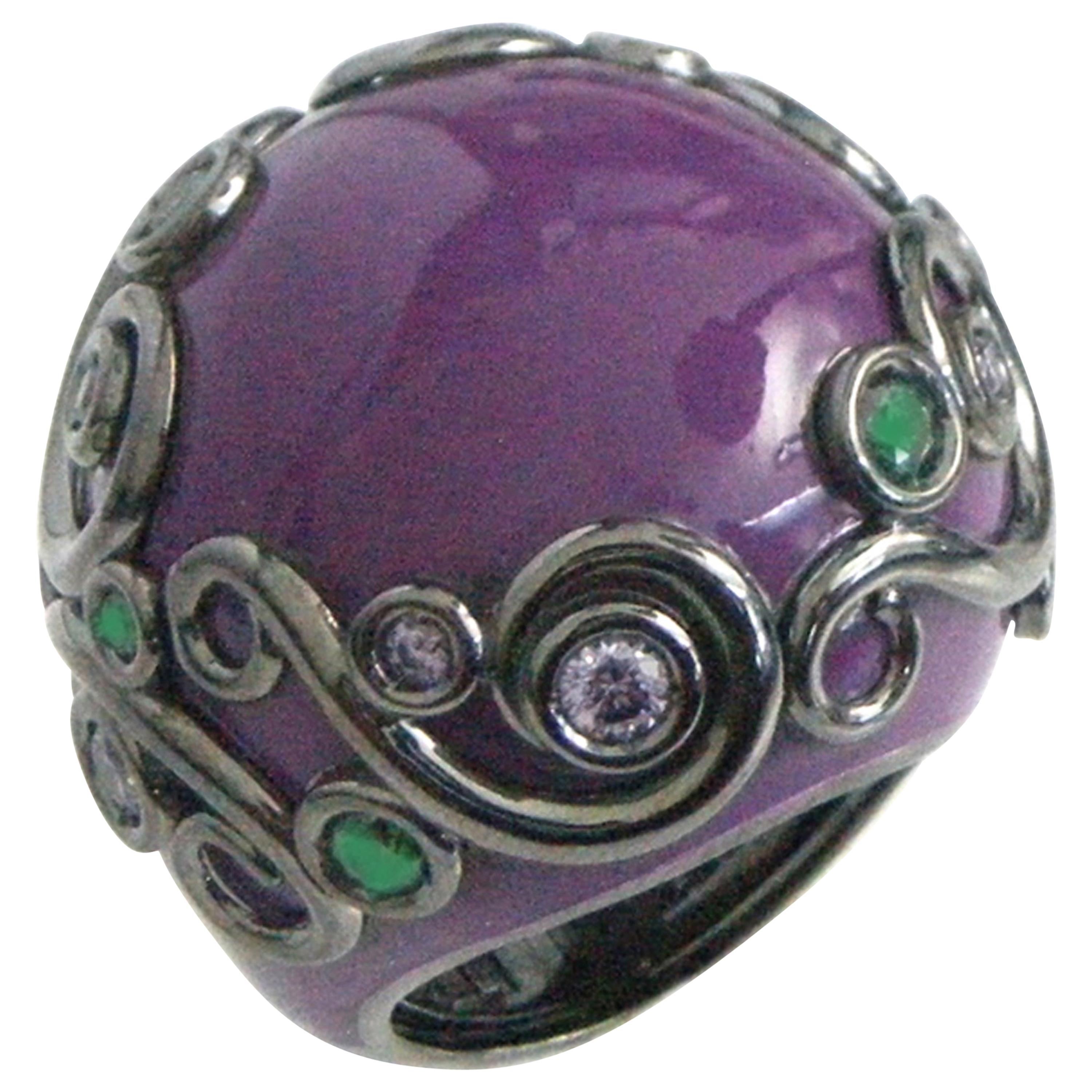 Purple Color Enamel Round Silver Ring with Tzavorite and Amethyst For Sale