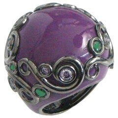 Purple Color Enamel Round Silver Ring with Tzavorite and Amethyst