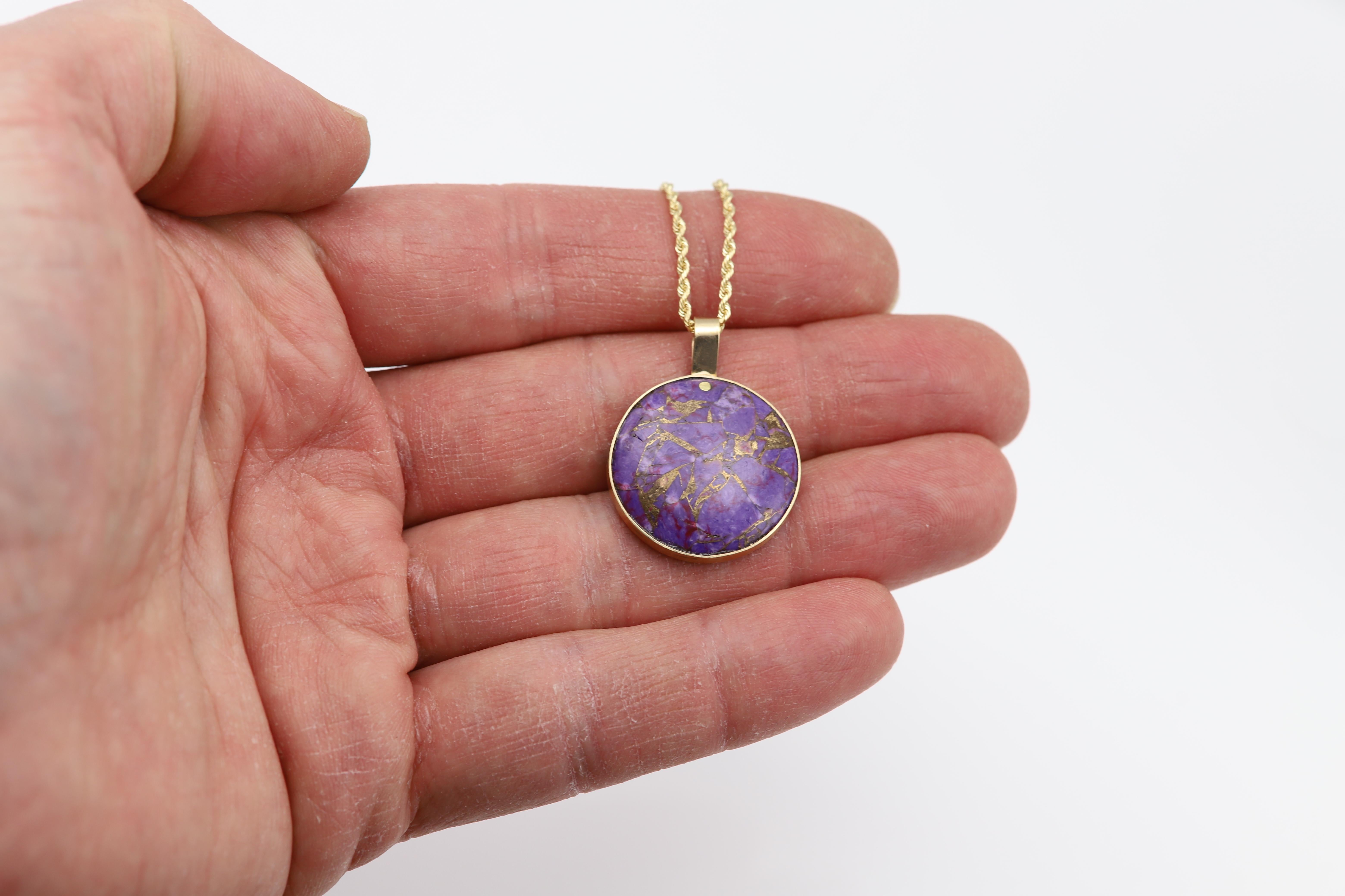 Purple Copper Turquoise Choker Natural Stone Pendant 14 Karat Yellow Gold For Sale 5