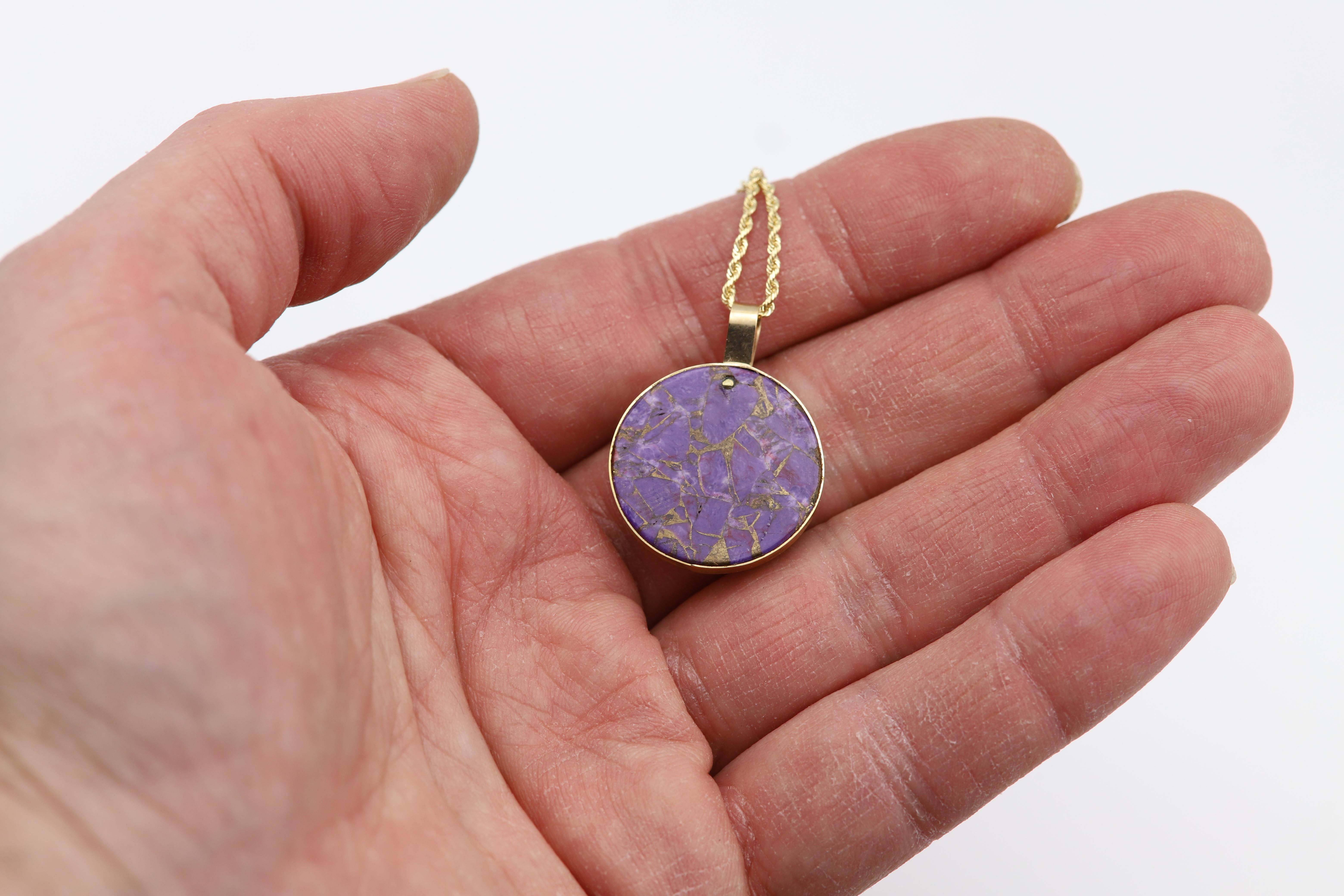 Purple Copper Turquoise Choker Natural Stone Pendant 14 Karat Yellow Gold For Sale 6