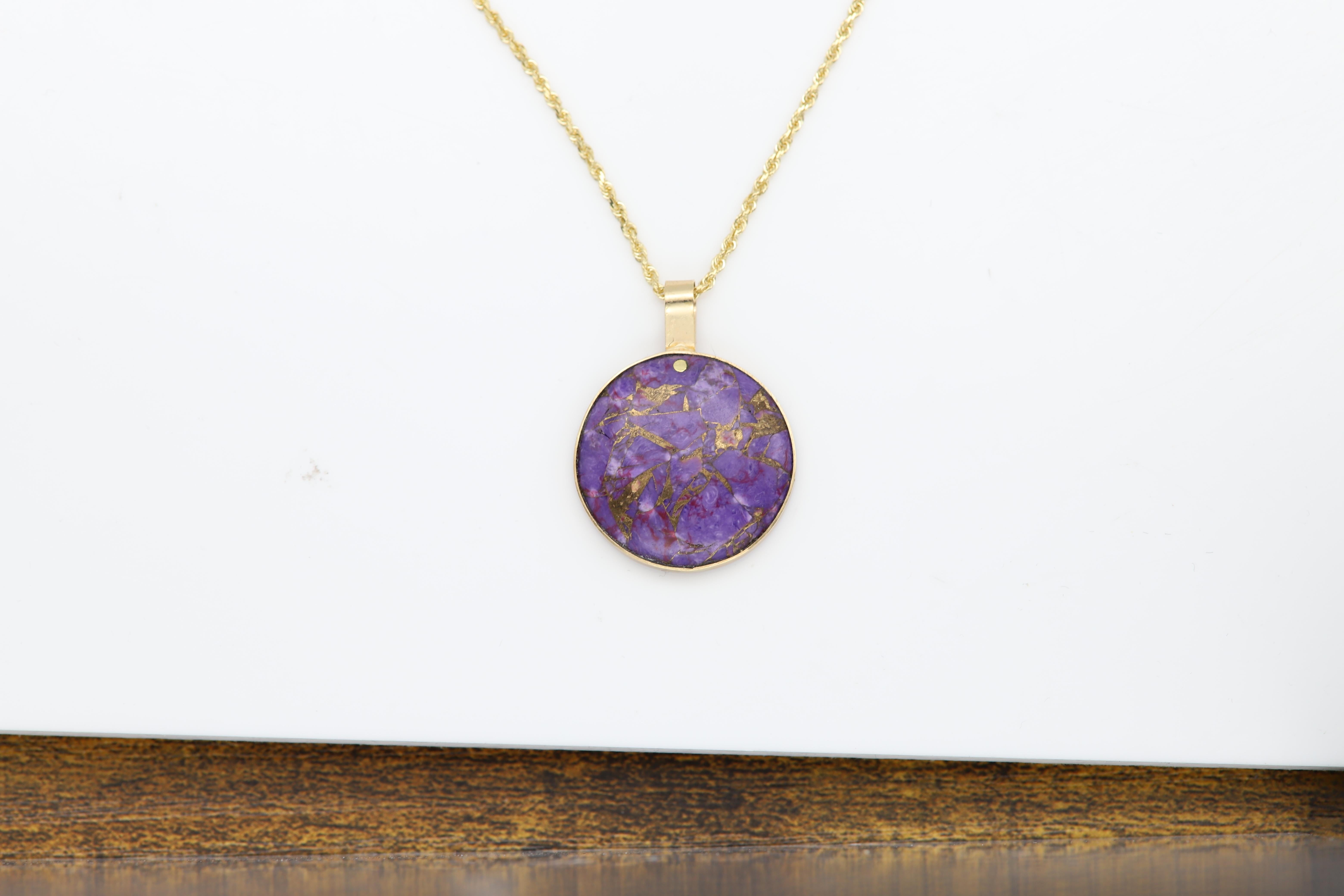 Purple Copper Turquoise Choker Natural Stone Pendant 14 Karat Yellow Gold For Sale 7