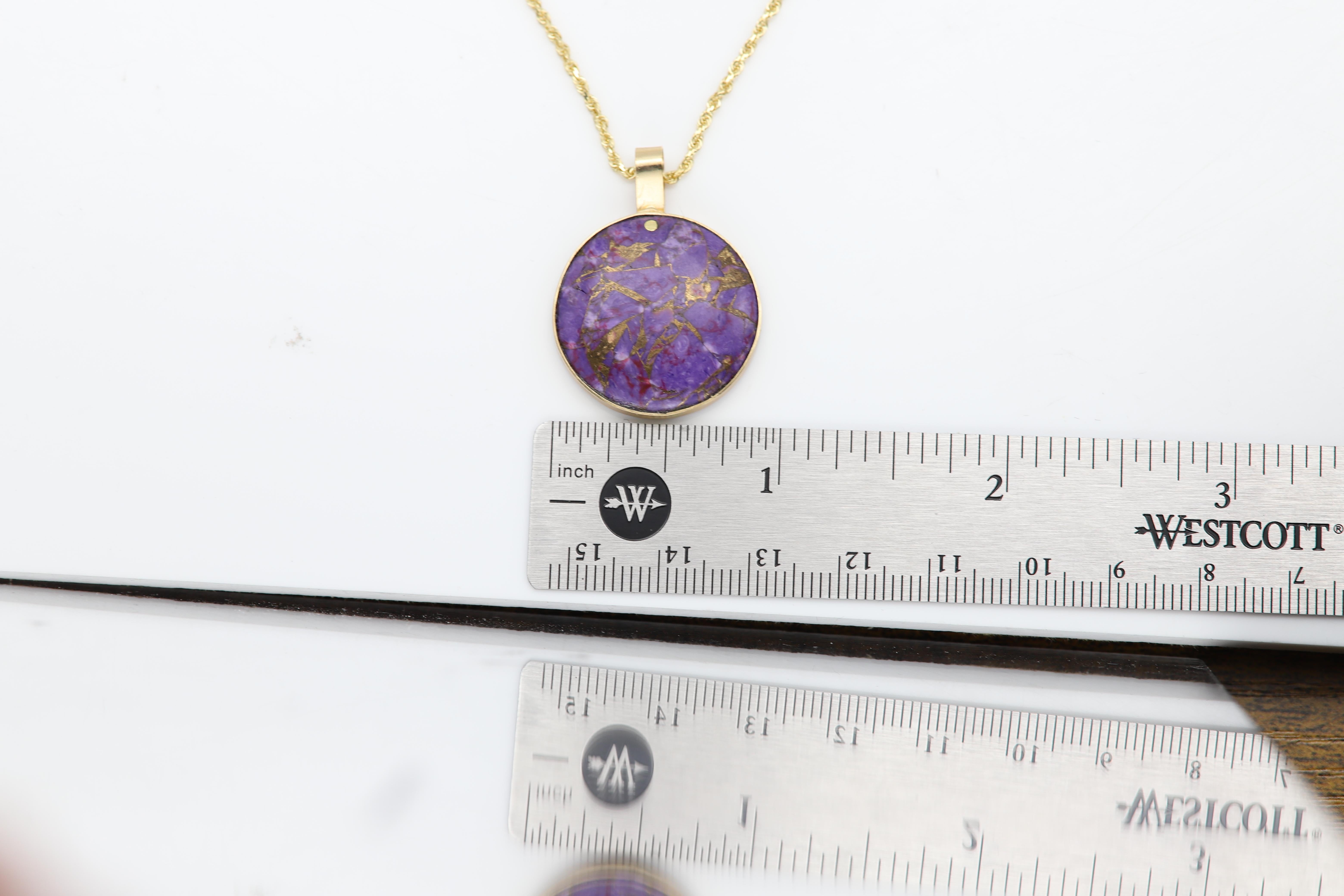 Purple Copper Turquoise Choker Natural Stone Pendant 14 Karat Yellow Gold For Sale 8