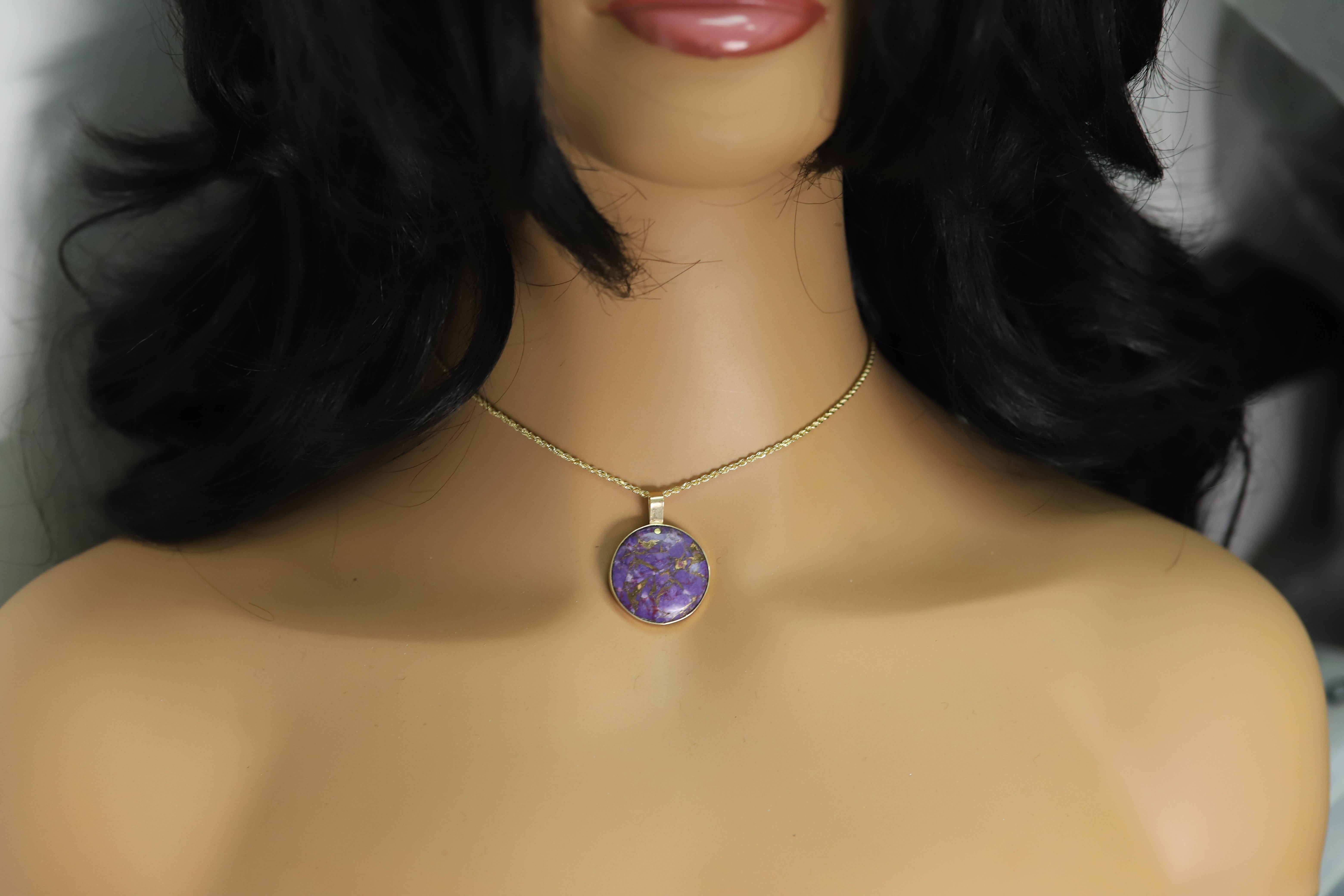 Natural Stone Choker Necklace
Brilliant Color of Purple
Set with real 14k Gold 
Stone Type: Natural Purple Copper Turquoise stone
Size: Round approx 22 mm Diameter
Real Solid Rope Chain 14k - adjustable length 14'-16' Inch - So it can be used as a