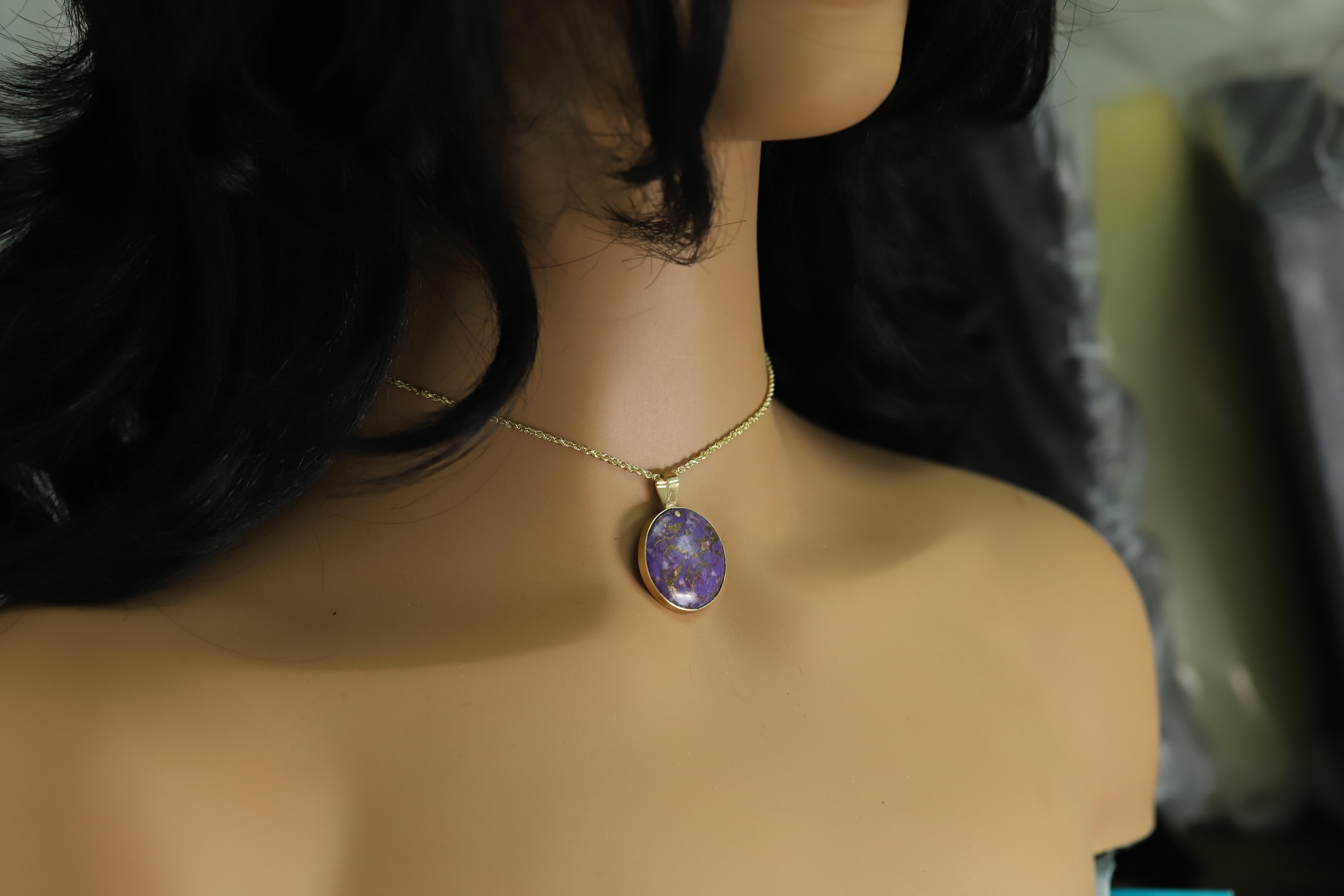 Tumbled Purple Copper Turquoise Choker Natural Stone Pendant 14 Karat Yellow Gold For Sale