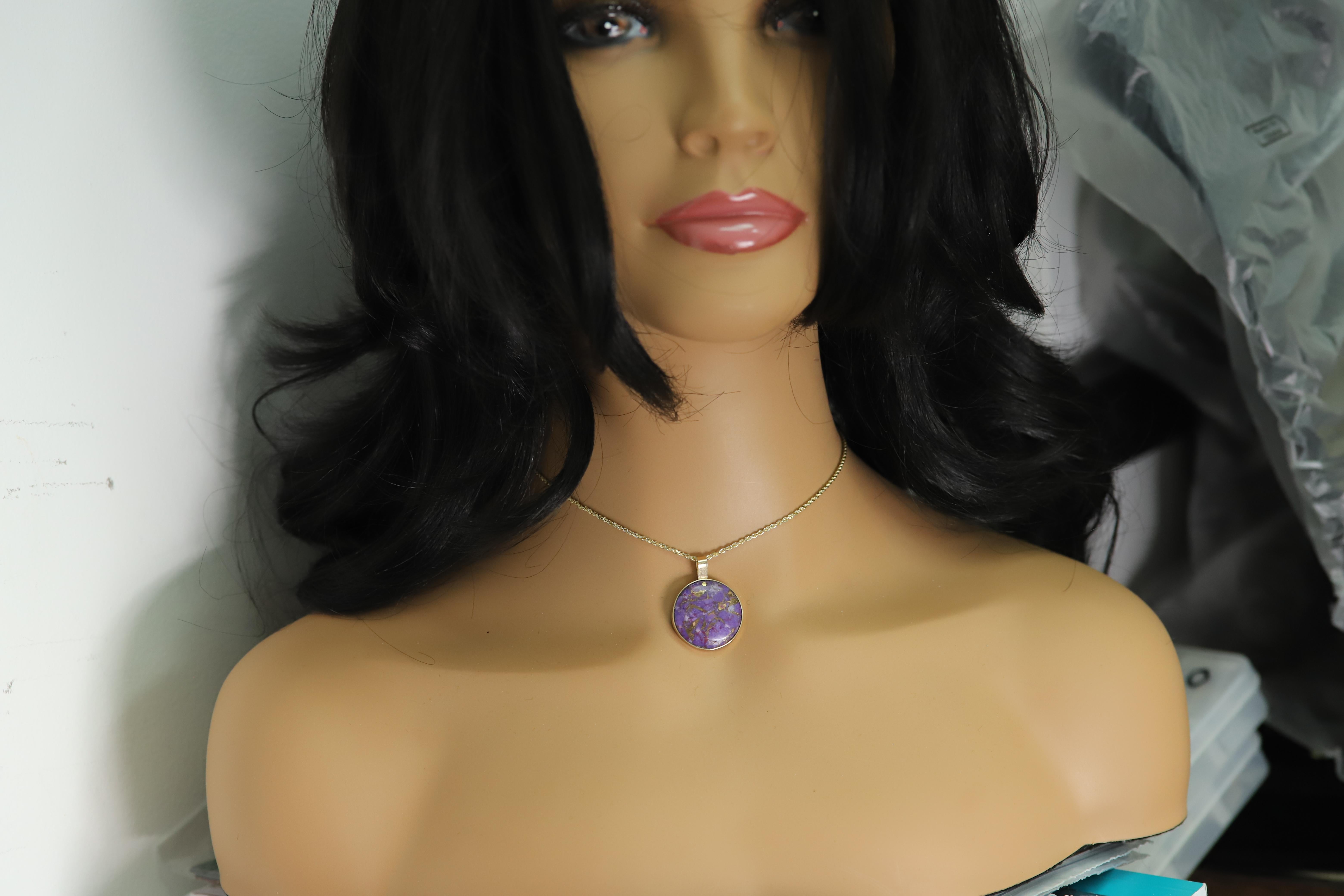 Purple Copper Turquoise Choker Natural Stone Pendant 14 Karat Yellow Gold In New Condition For Sale In Brooklyn, NY