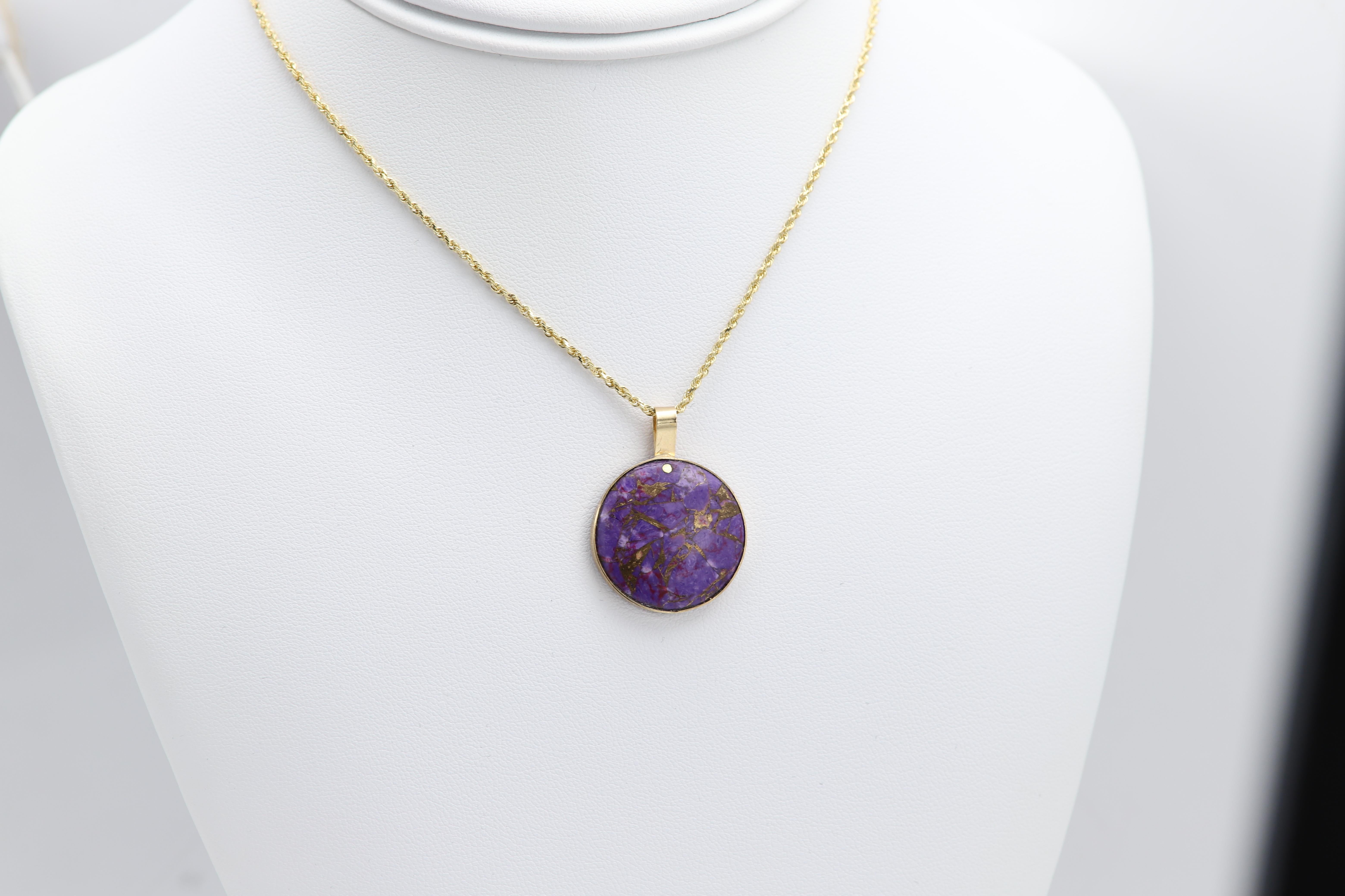 Women's Purple Copper Turquoise Choker Natural Stone Pendant 14 Karat Yellow Gold For Sale