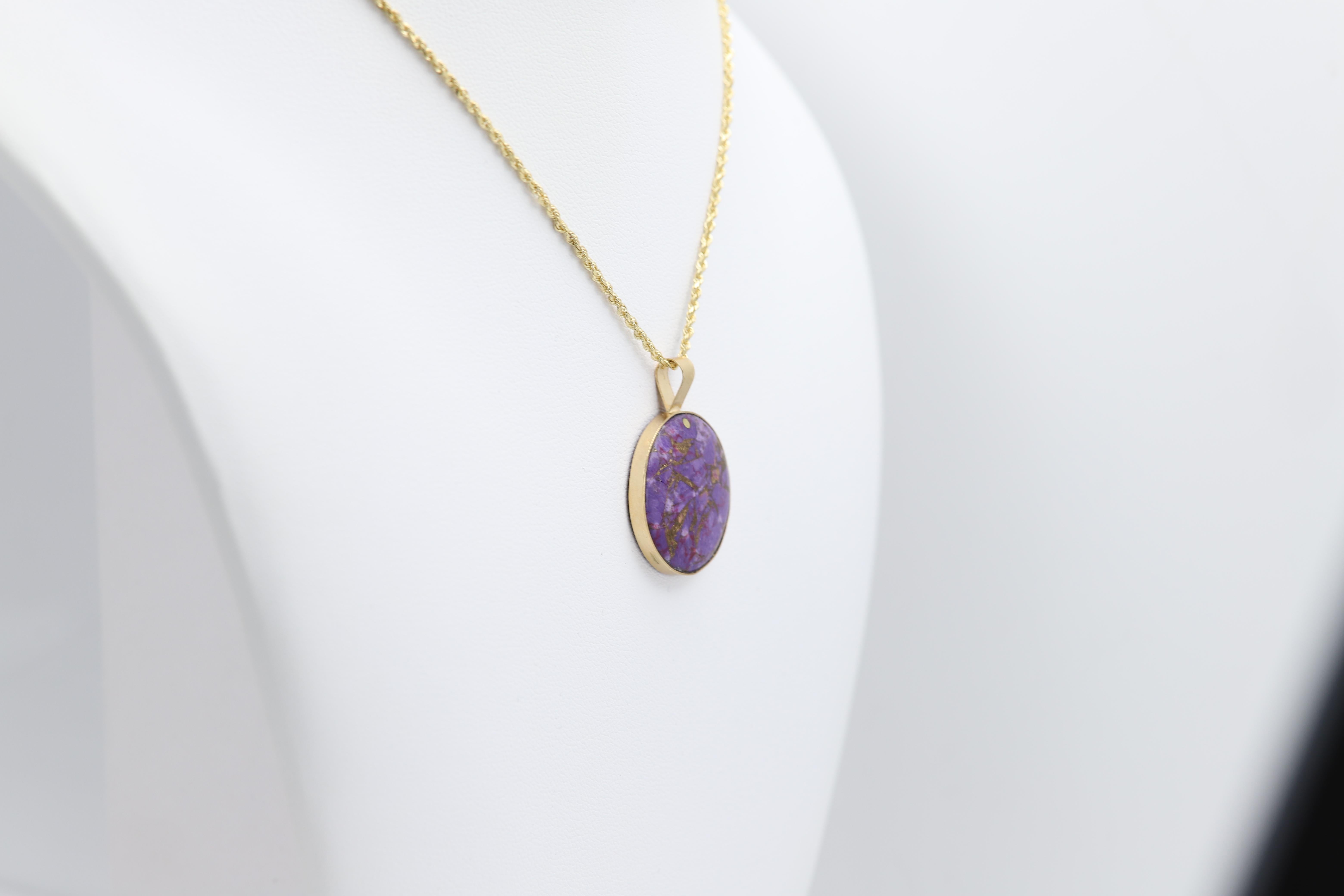 Purple Copper Turquoise Choker Natural Stone Pendant 14 Karat Yellow Gold For Sale 1