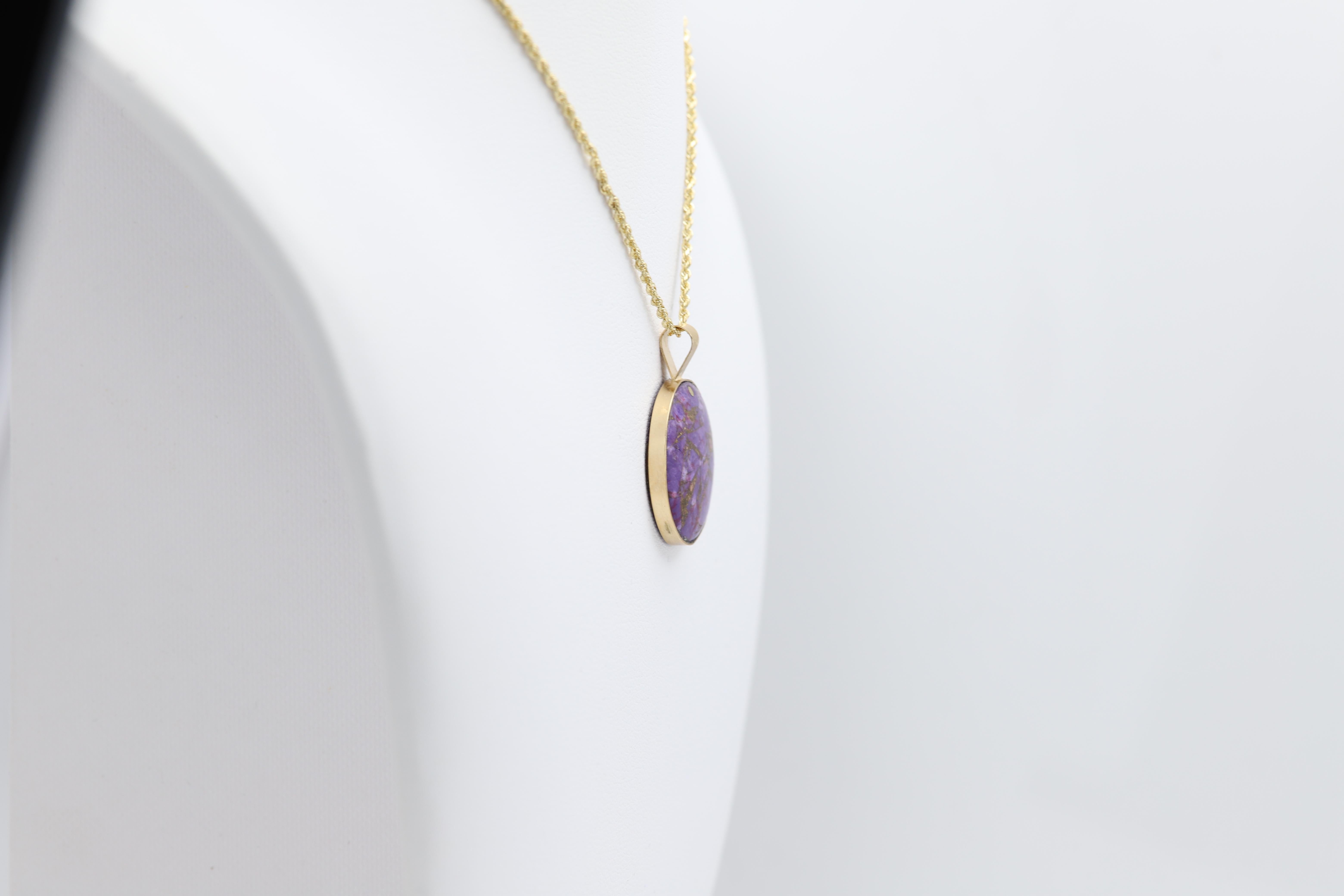 Purple Copper Turquoise Choker Natural Stone Pendant 14 Karat Yellow Gold For Sale 2