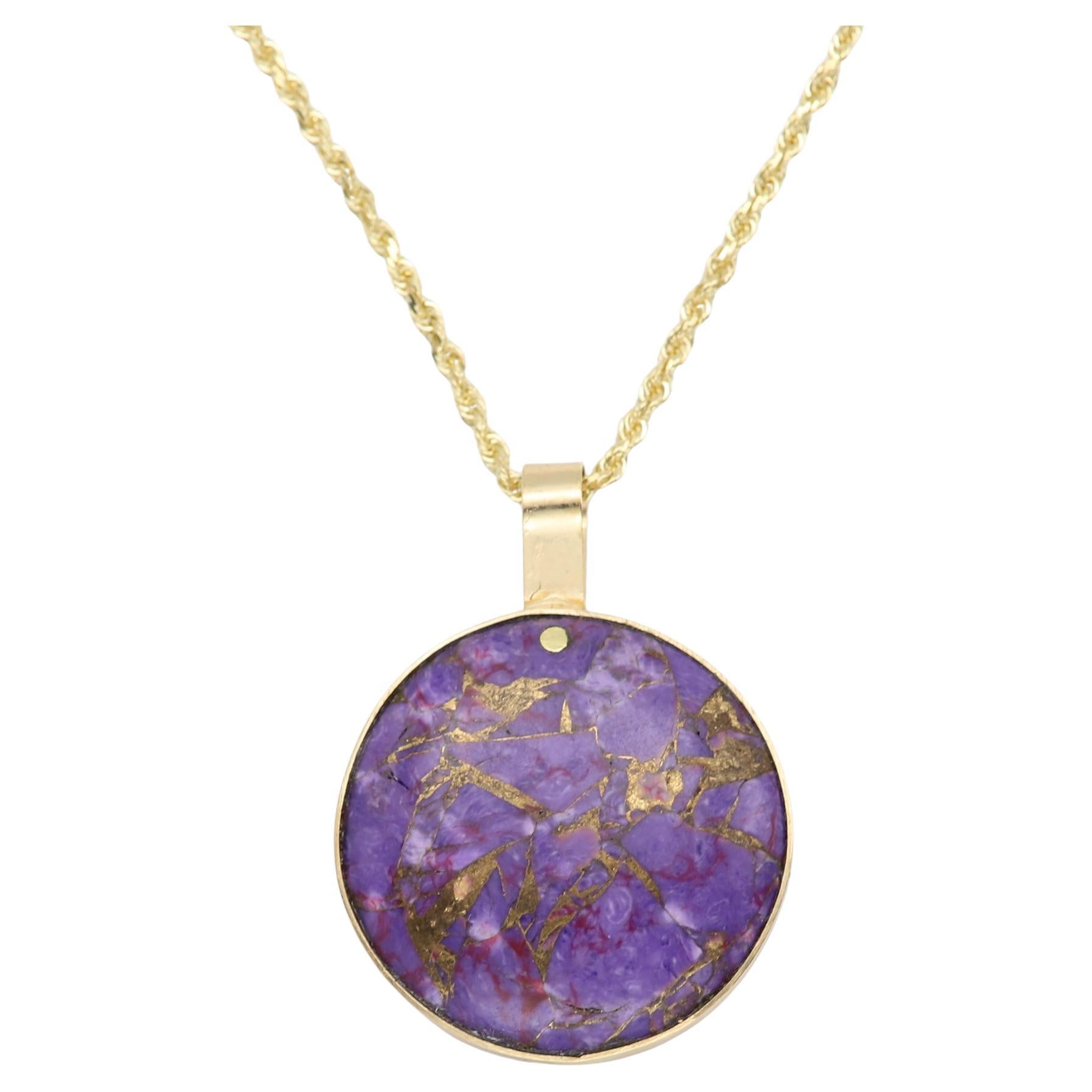 Purple Copper Turquoise Choker Natural Stone Pendant 14 Karat Yellow Gold For Sale