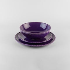 Purple crenellated plates: Soup, holder, side plate for 4 Handmade in Italy 2024