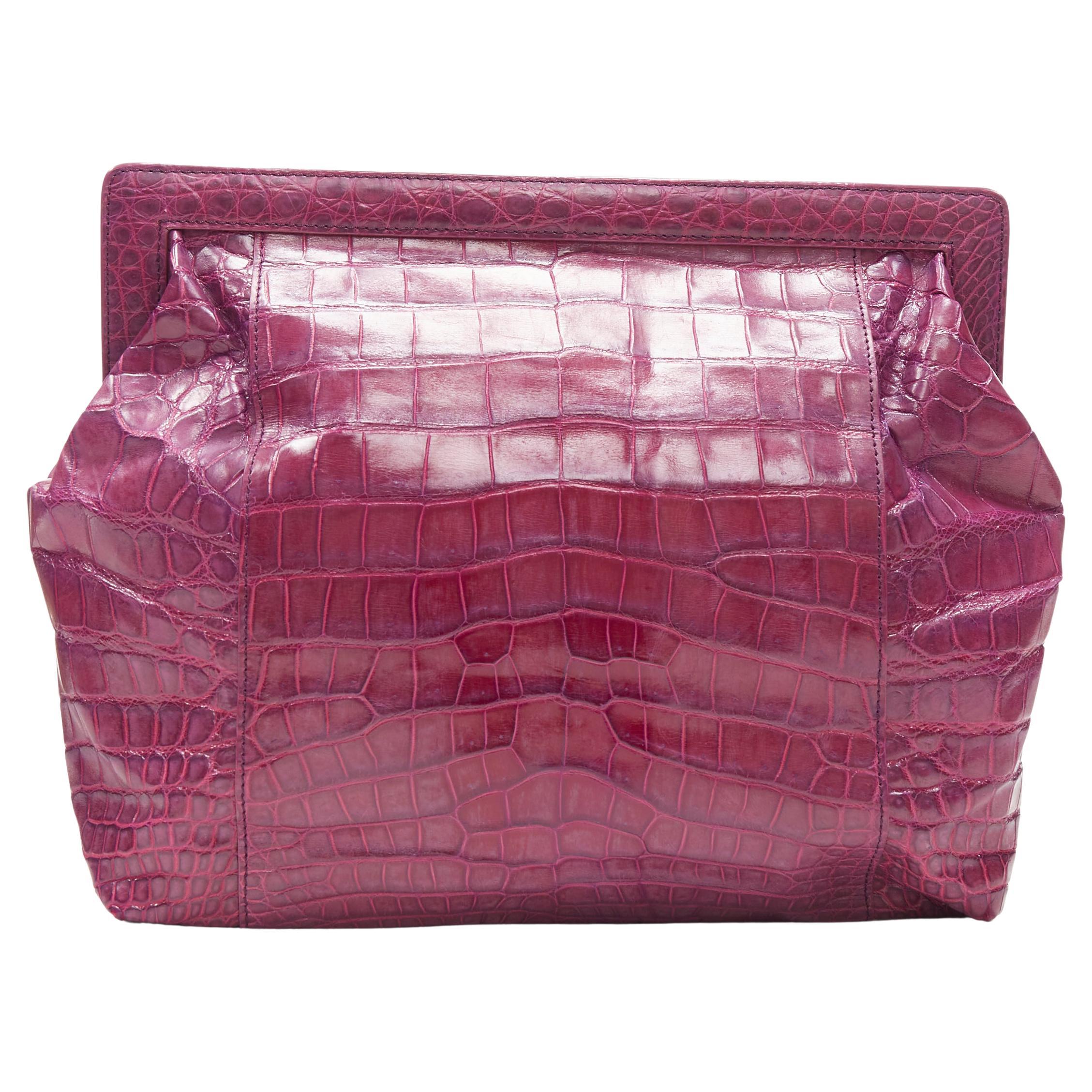 Purple crocodile scaled leather angular frame pouch clutch bag For Sale