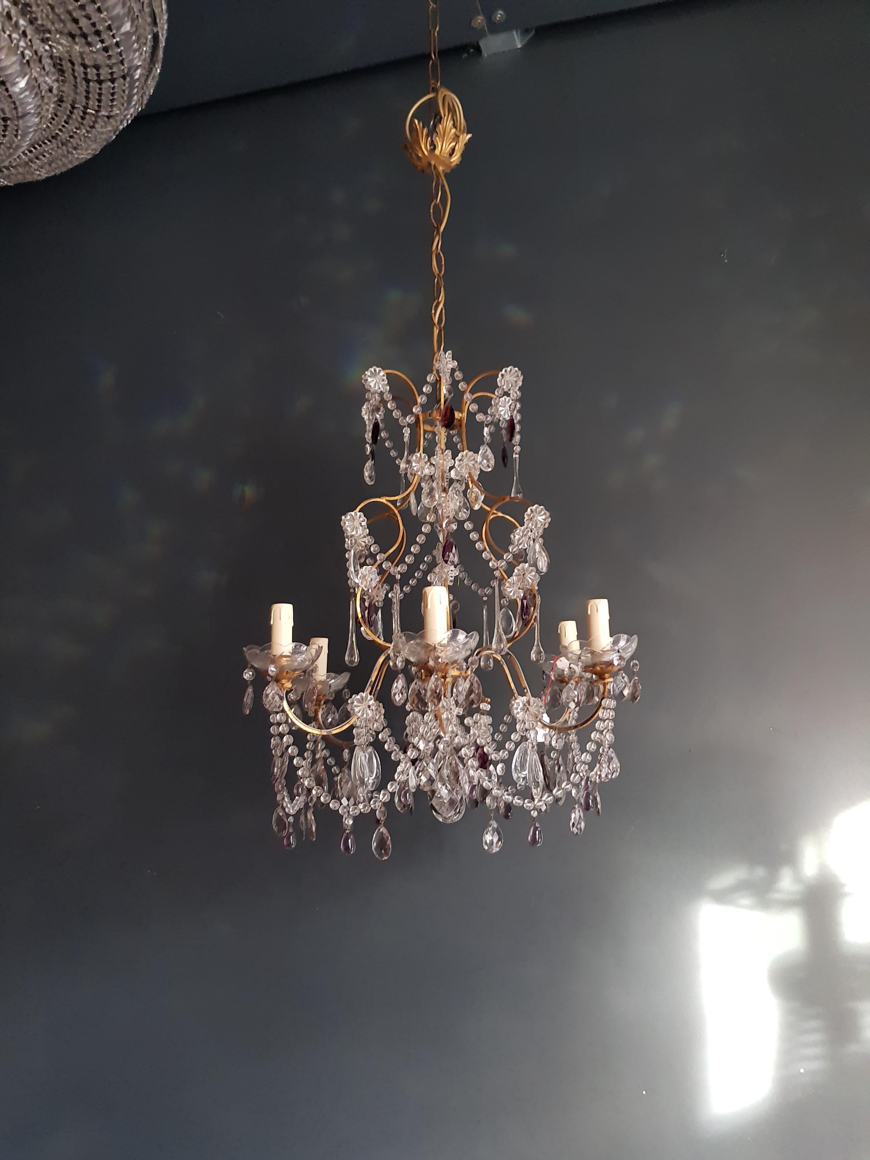 Early 20th Century Purple Crystal Chandelier Antique Ceiling Lamp Murano Florentiner Lustre