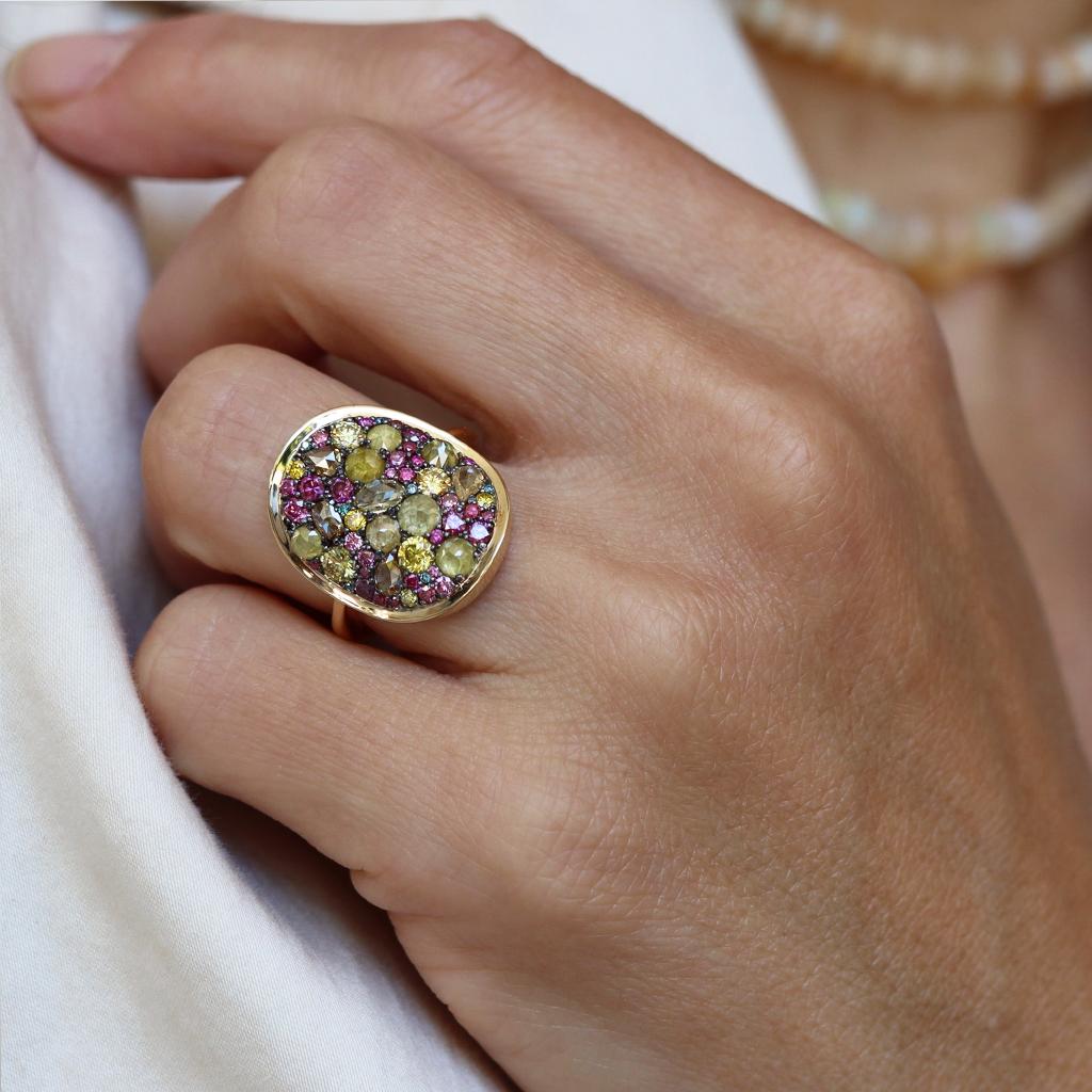 Lila Diamant, gelber Fancy-Diamant-Cocktailring mit Rosenschliff 7