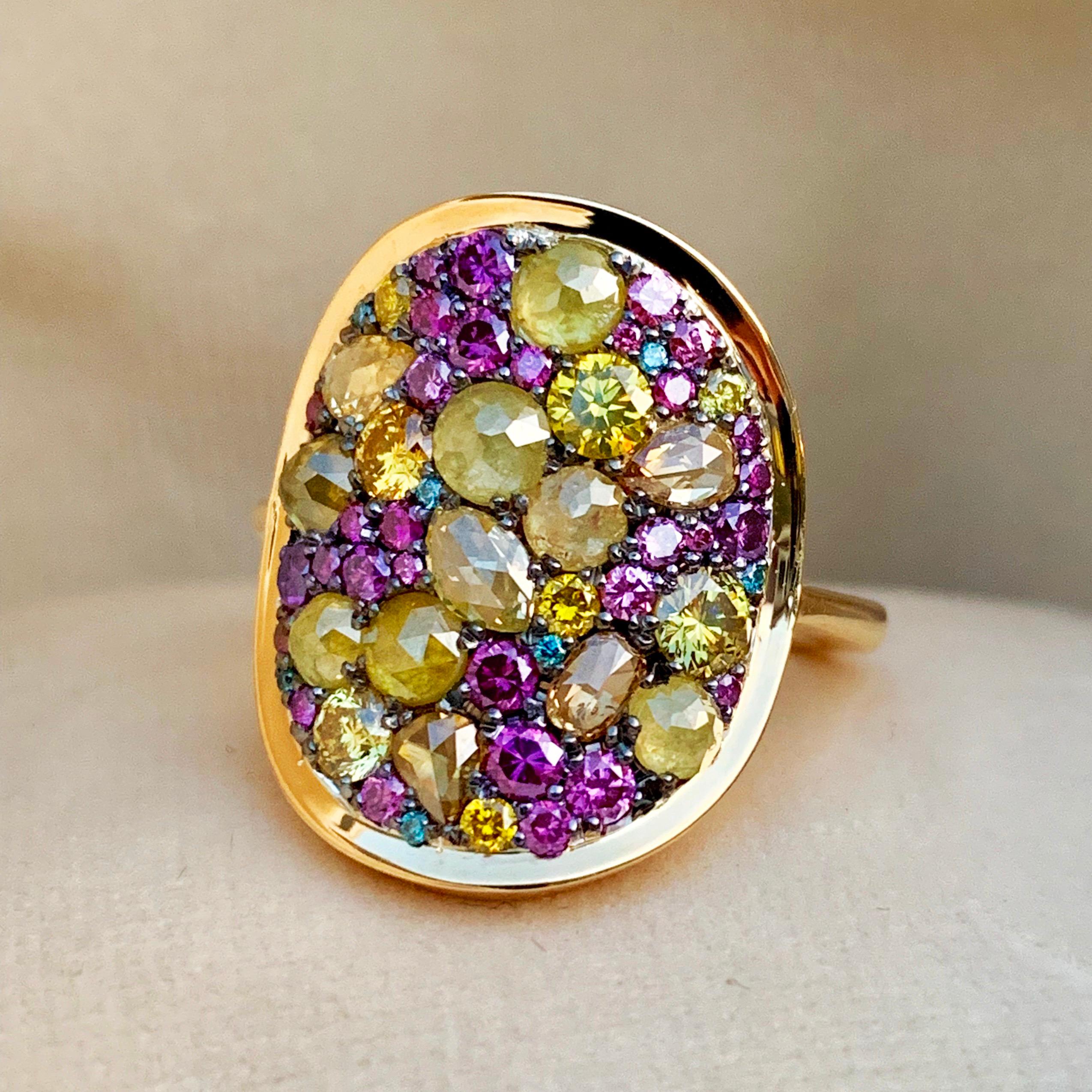 One of a kind ring handmade in Belgium by jewellery artist Joke Quick, in 6,4 g 18K Rose gold & blackened sterling silver (The stones are set on silver to create a black background for the stones).
Pave set with yellow Icy Tambuli Rose-cut diamonds