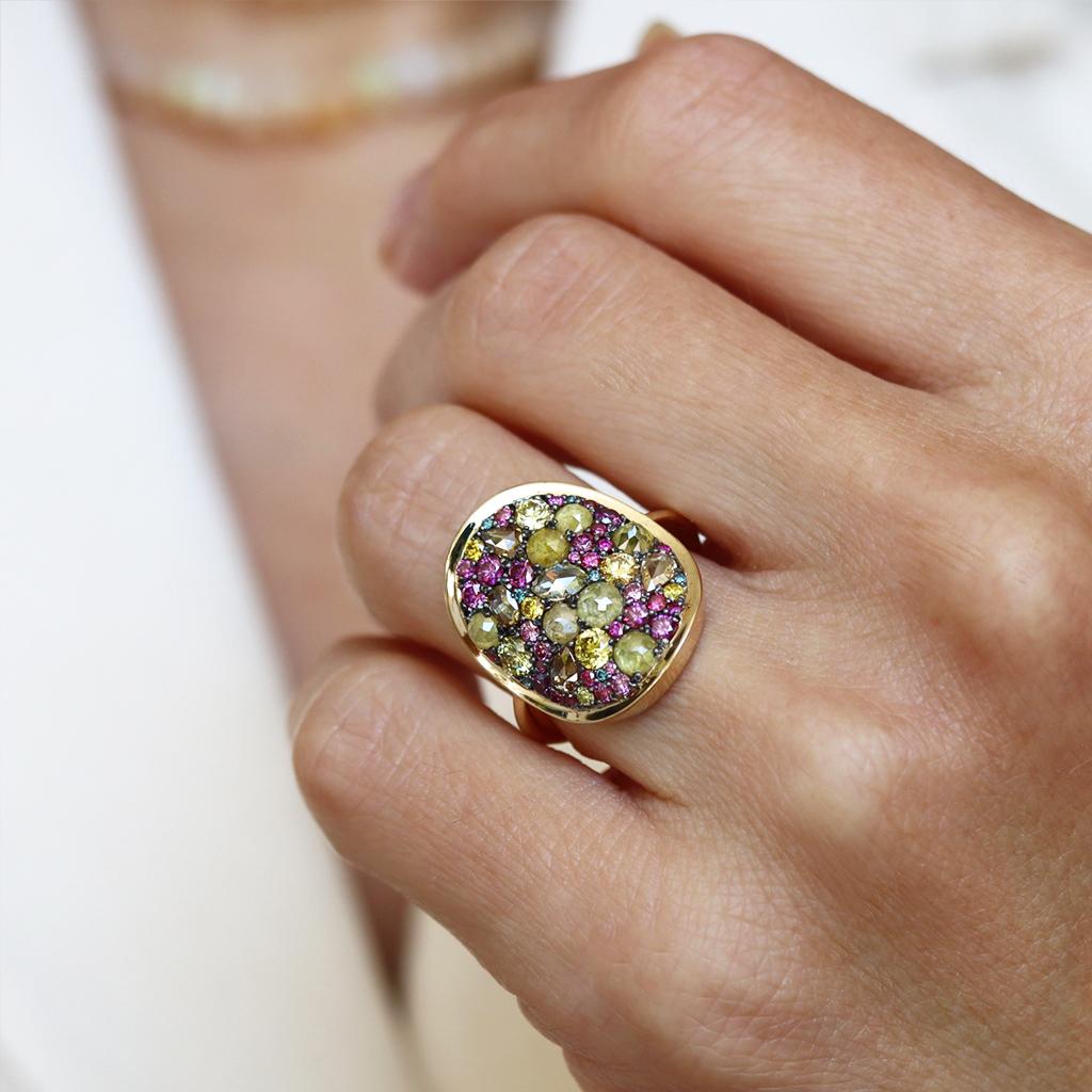 Women's Purple Diamond, Fancy Yellow Diamond Rose-Cut Diamond Cocktail Ring