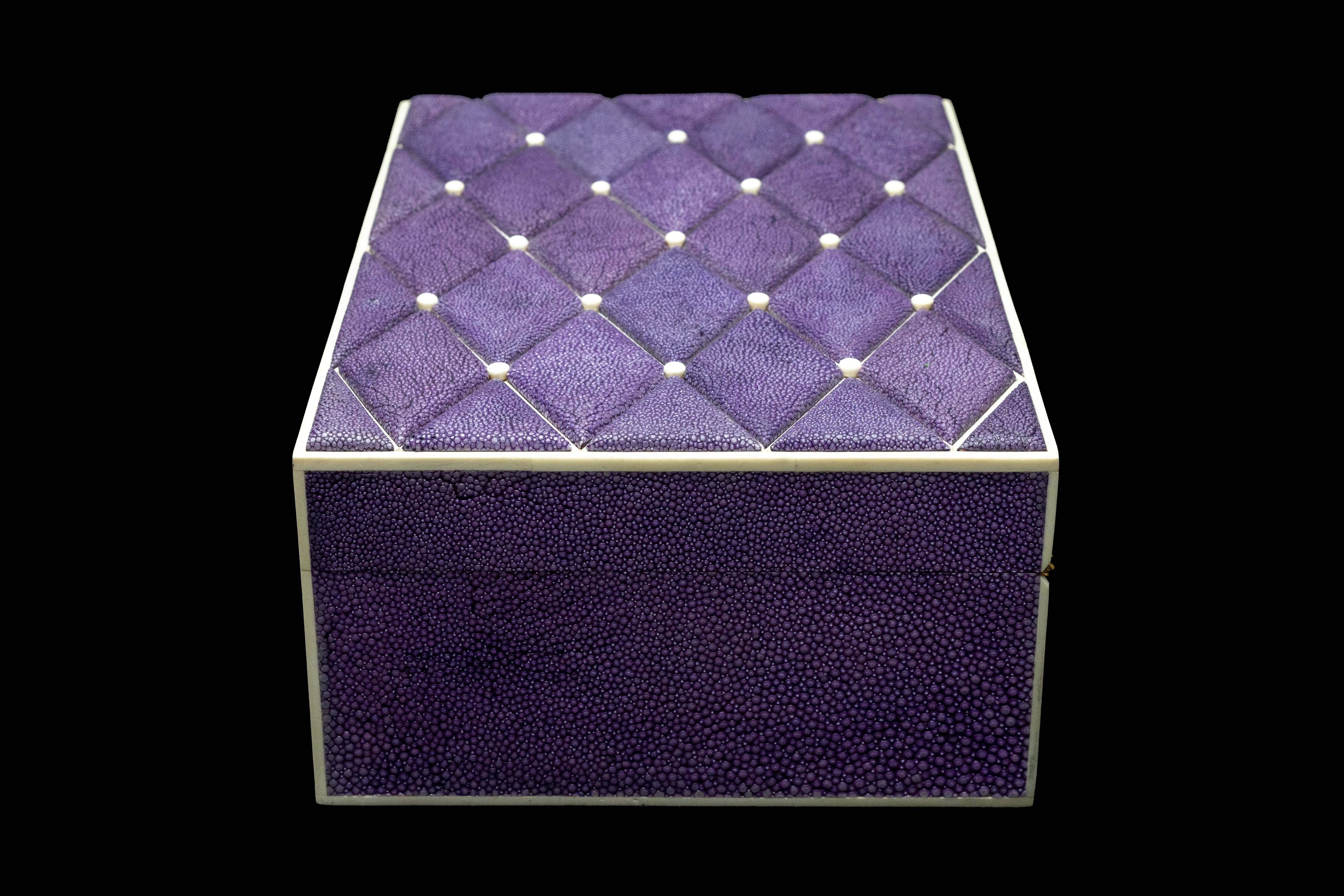 Contemporary Large Purple Diamond Shagreen Box w/ Bone trim For Sale