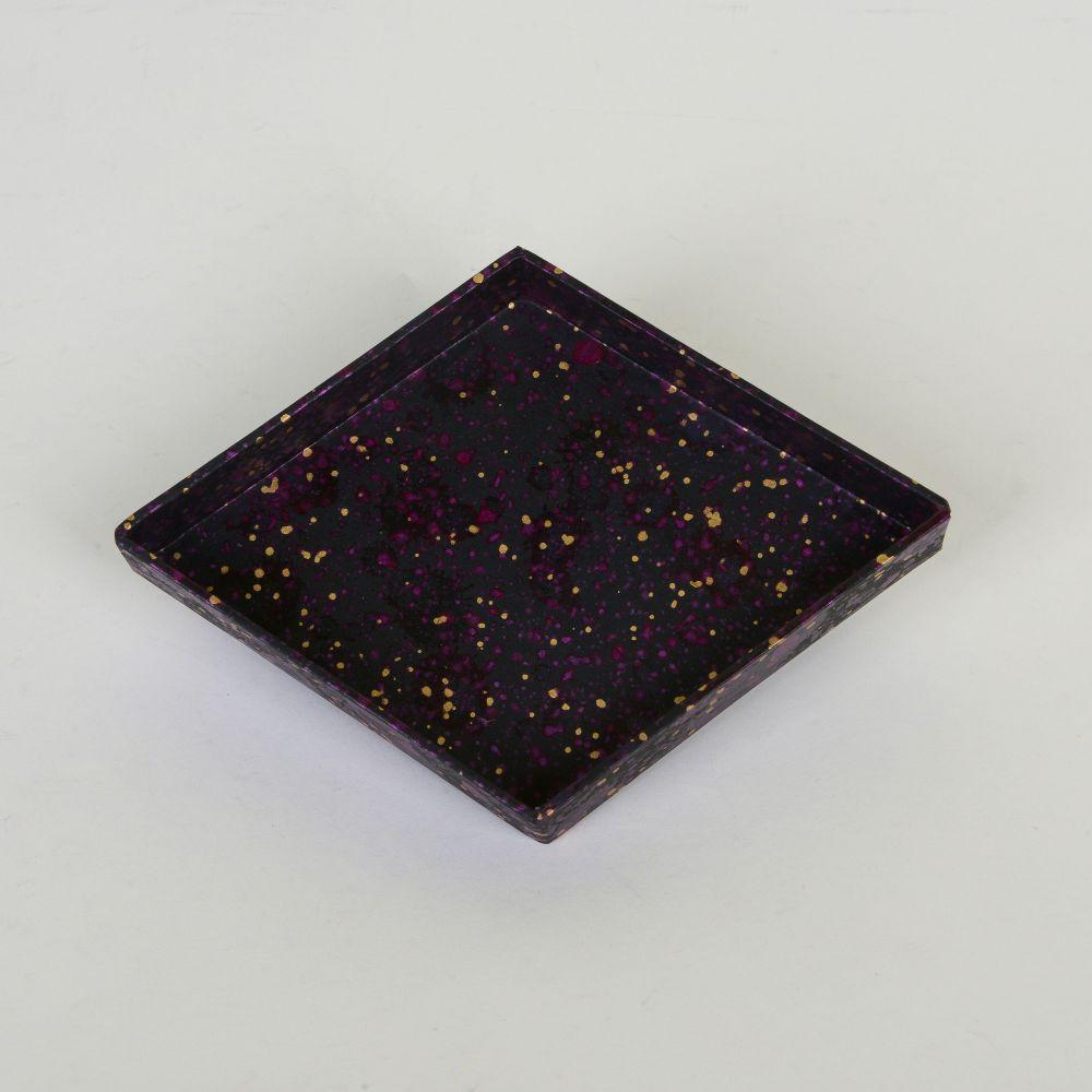 Acrylic and shellac based inks on Ingres Paper
Stamped by artist on underside

A hand-constructed, hand-painted tray wrapped in a black and deep purple porphyry-inspired design, accented with gold paint. The tray takes on a diamond shape and has a