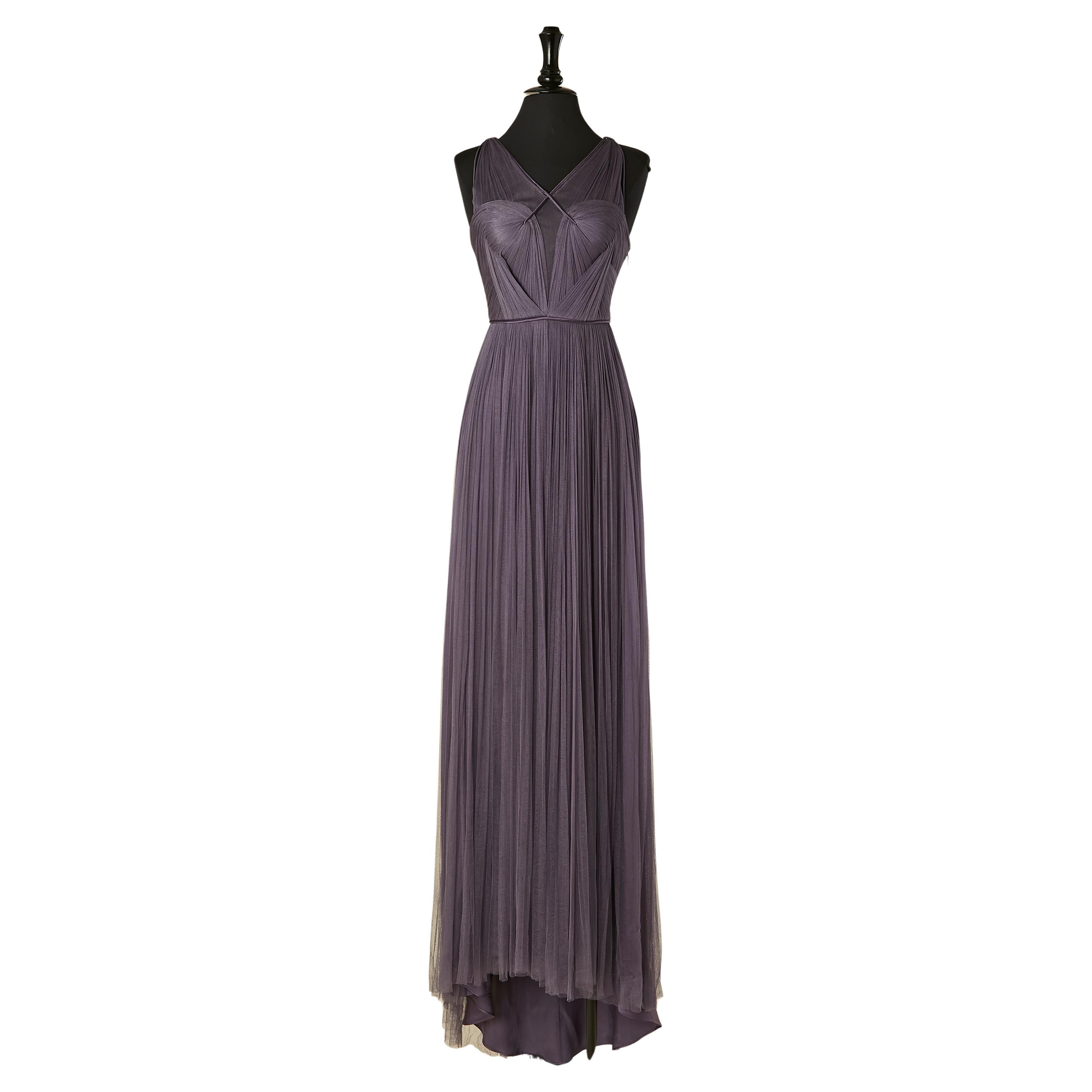Purple draped evening dress in silk tulle with drag CATHERINE DEANE For Sale
