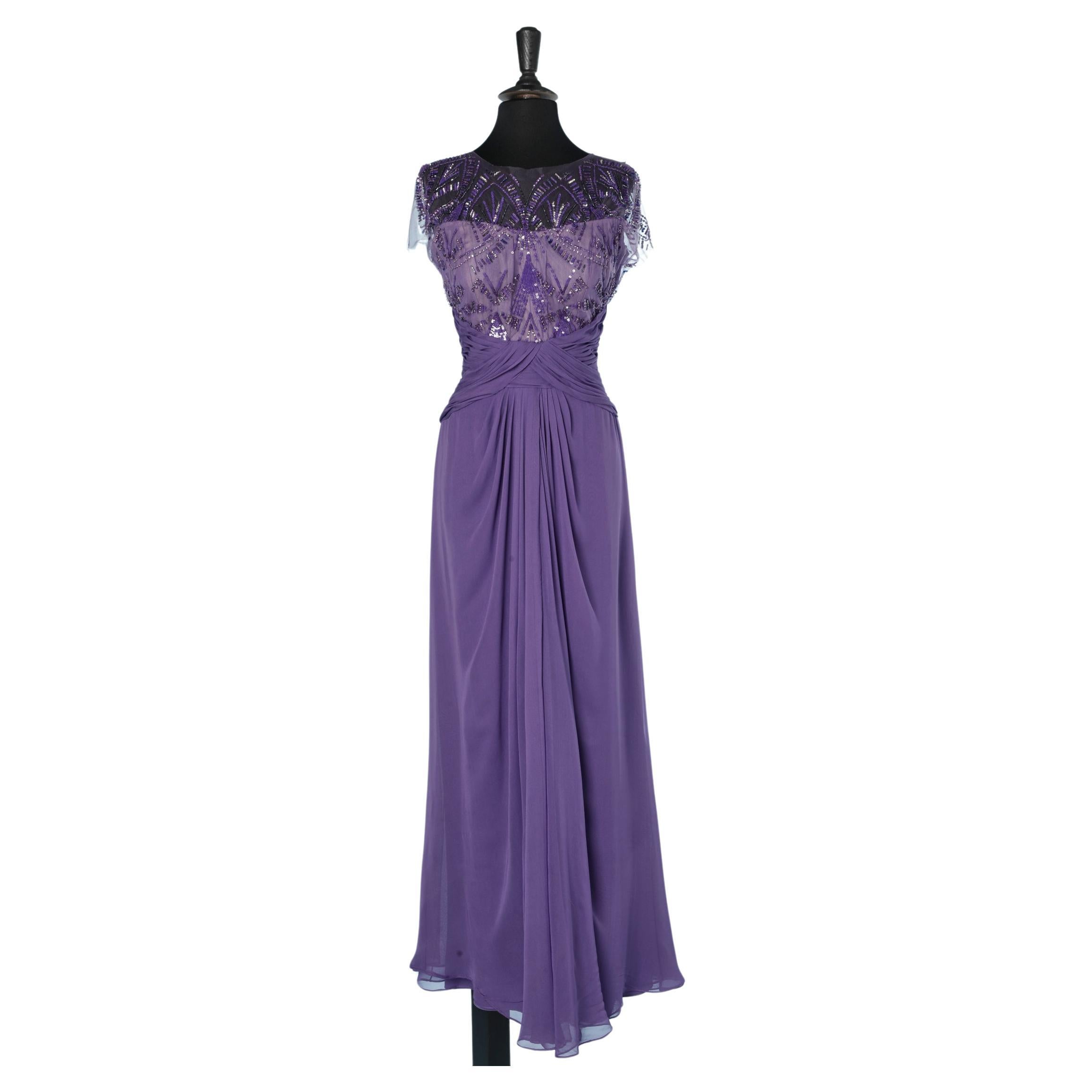 Abito da sera drappeggiato viola con paillettes Monique Lhuillier in vendita