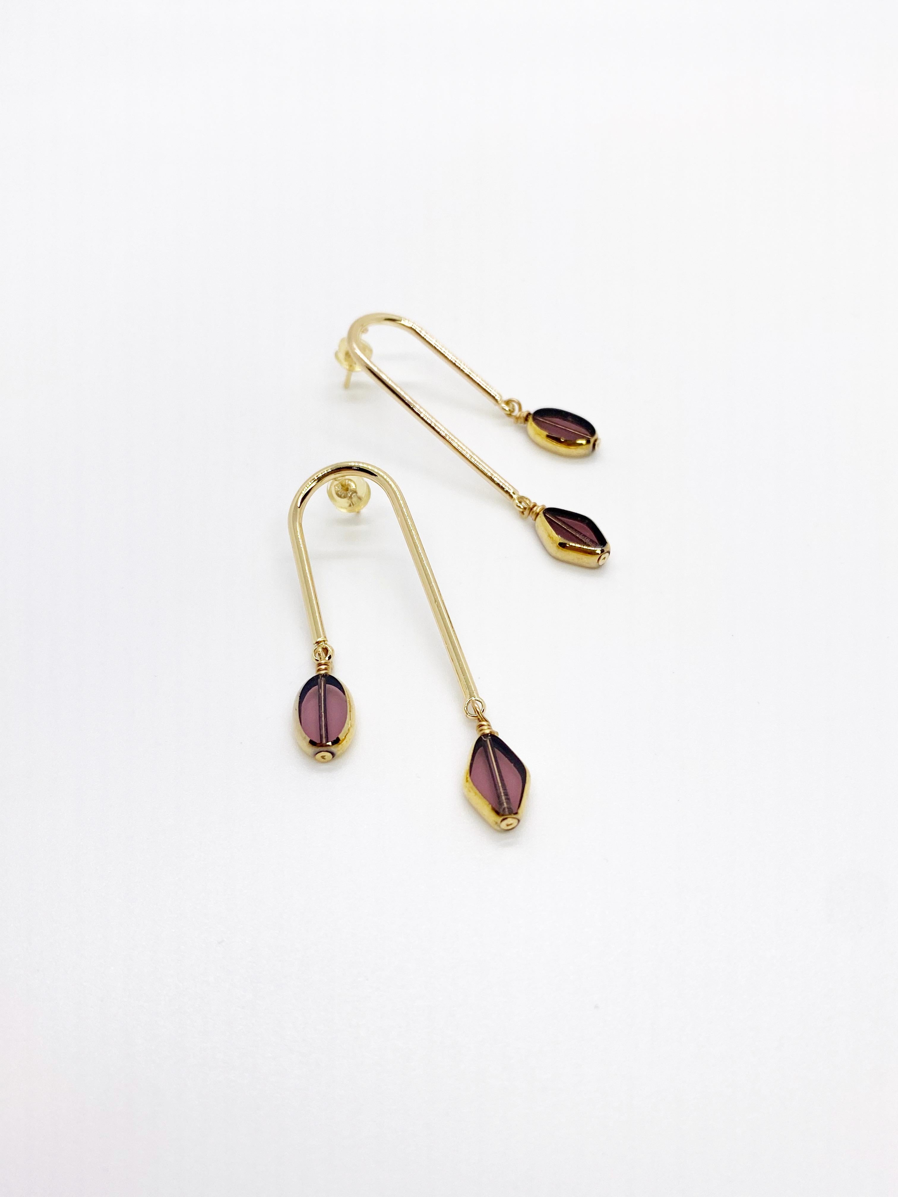 Art Deco Purple Dusk Vintage German Glass Beads edged with 24K gold Mismatch Earrings