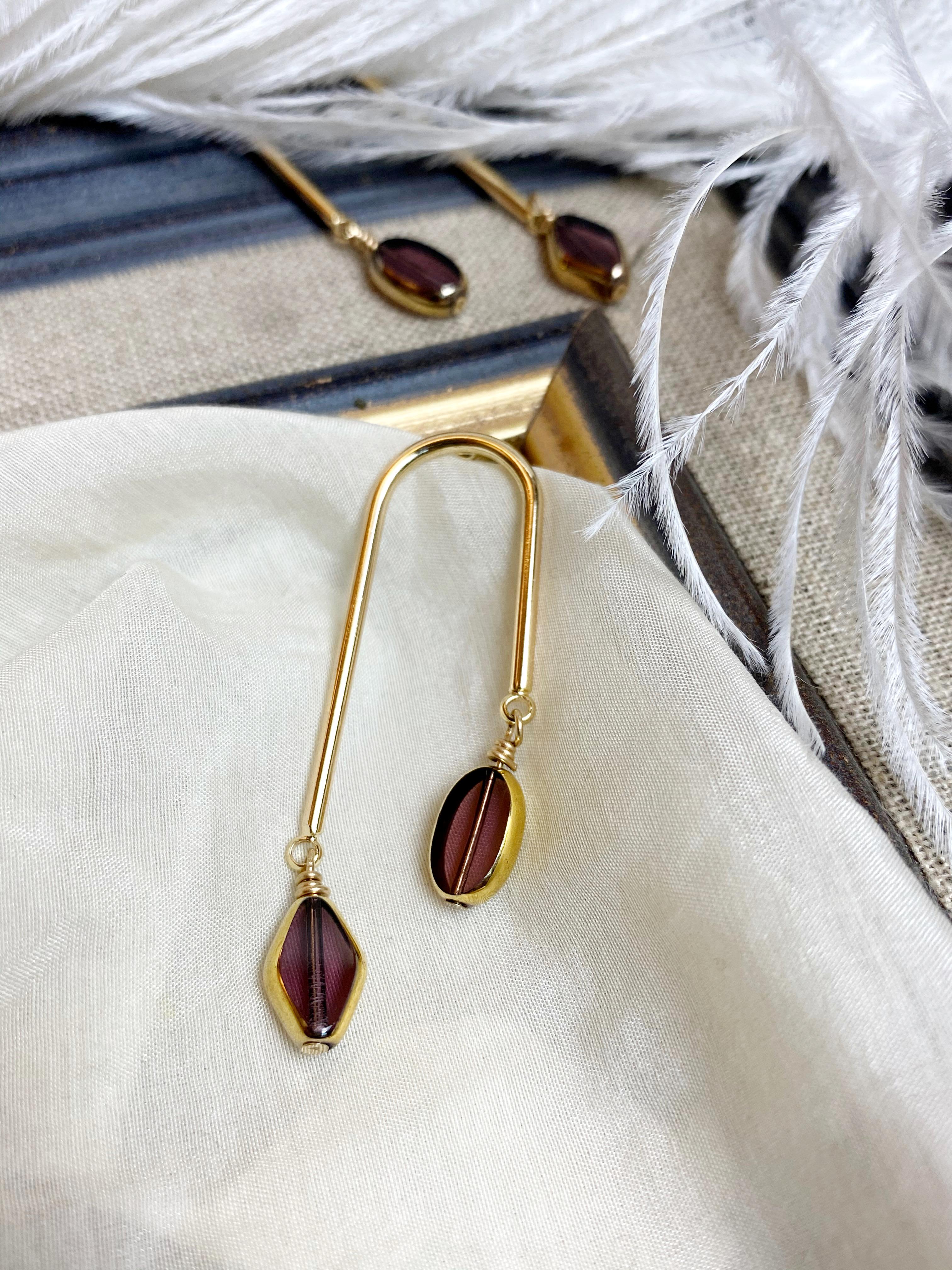 Women's Purple Dusk Vintage German Glass Beads edged with 24K gold Mismatch Earrings