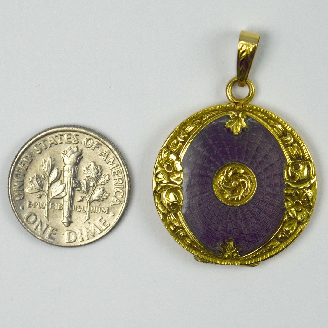 Purple Enamel 18k Yellow Gold Pendant Locket For Sale 12