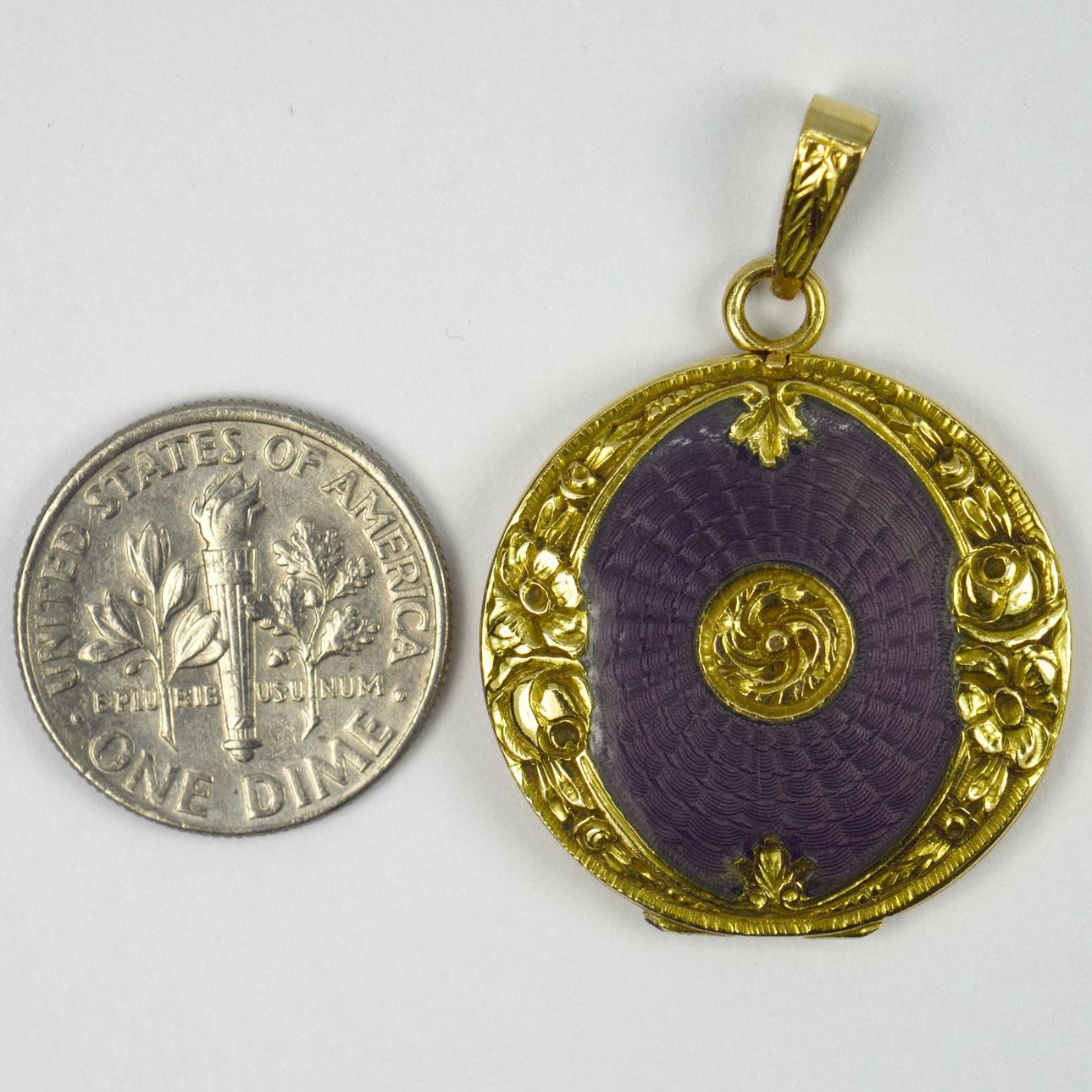 Purple Enamel 18k Yellow Gold Pendant Locket For Sale 13