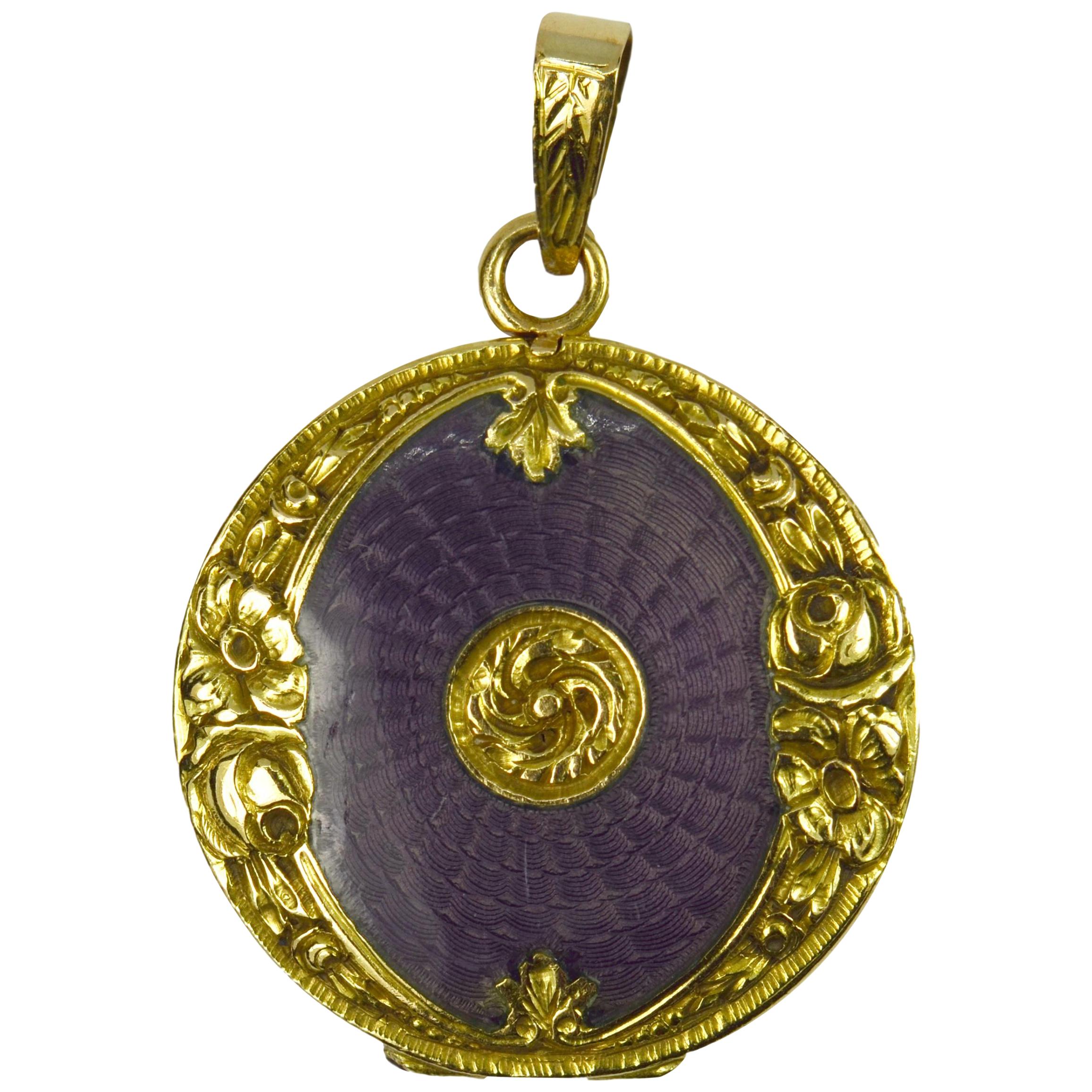 Purple Enamel 18k Yellow Gold Pendant Locket For Sale