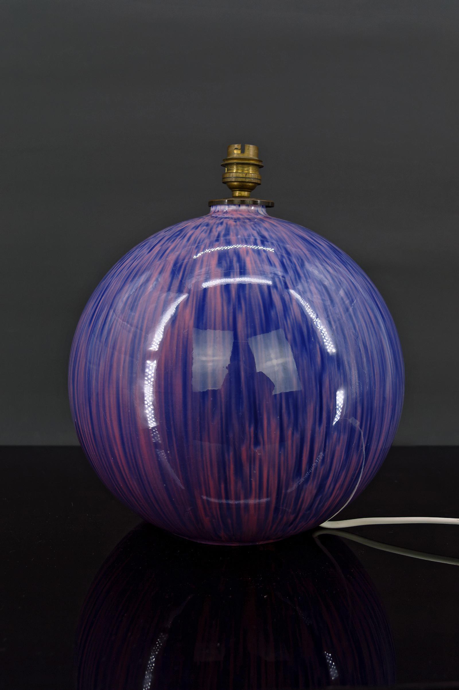 Early 20th Century Purple enamel ceramic ball lamp, Art Deco, Circa 1925 For Sale
