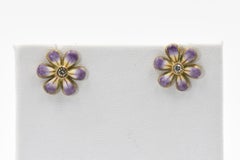 Purple Enamel Daisy Flower Diamond Gold Earrings by Sandra J. Sensations