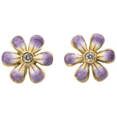 Retro Purple Enamel Daisy Flower Diamond Gold Earrings by Sandra J. Sensations