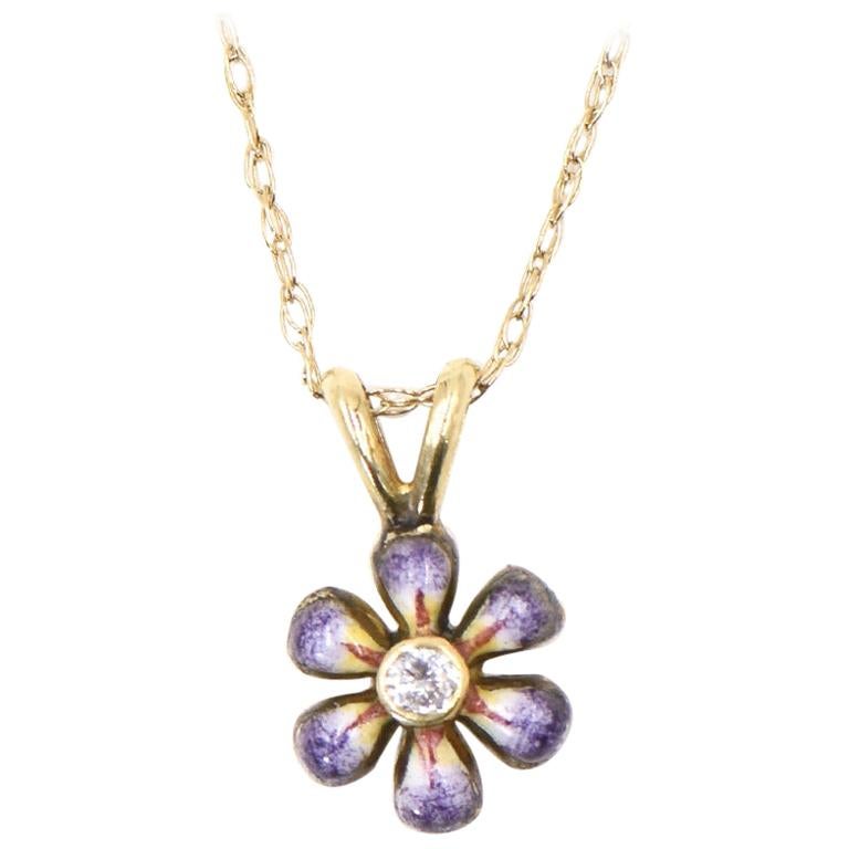 Purple Enamel Daisy Flower Diamond Gold Pendant Necklace by Sandra J Sensations