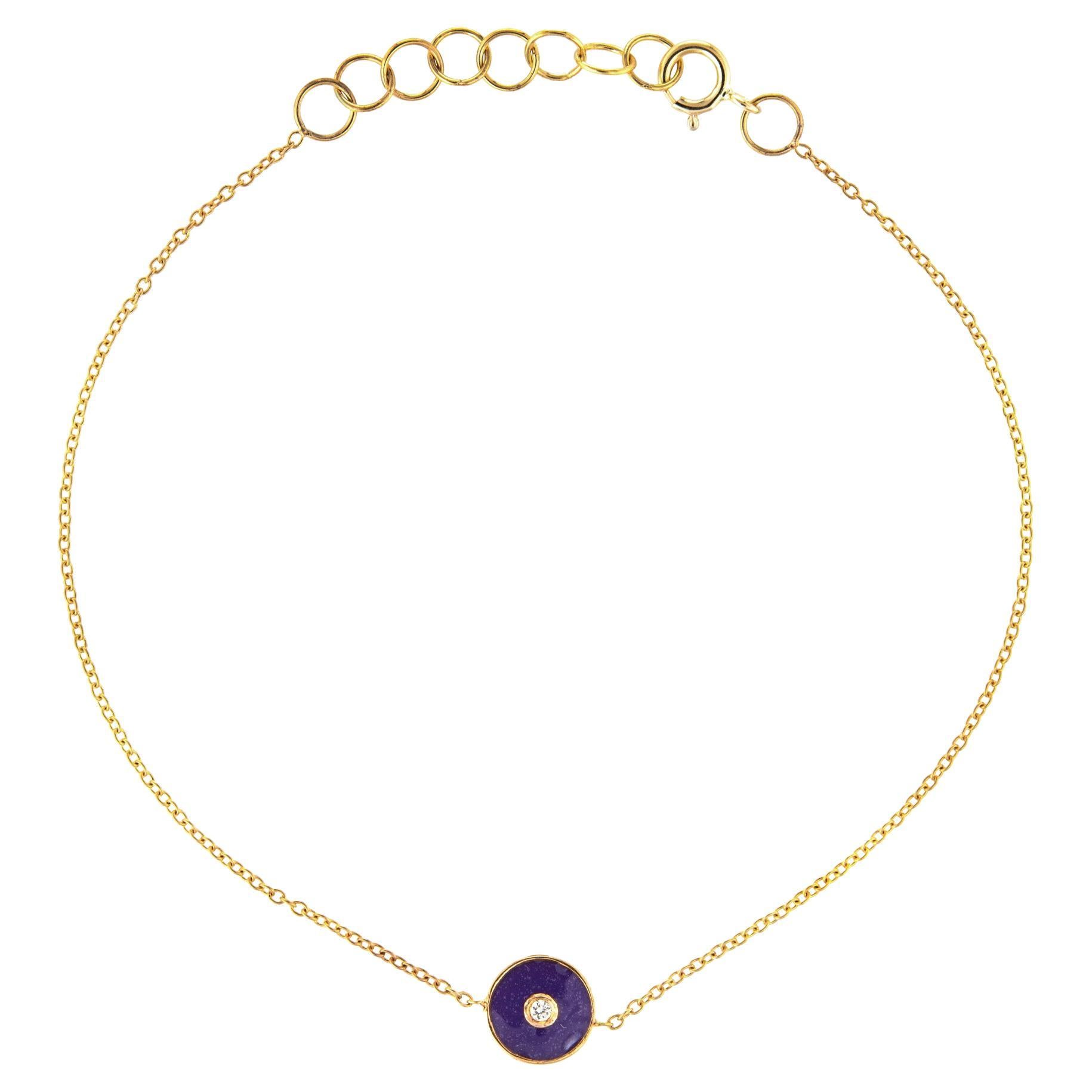 Bracelet en or jaune 14 carats avec émail violet et diamants, longueur réglable