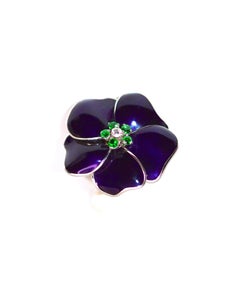 Purple Enamel Diamond Green Garnet White Gold Flower Cocktail Ring