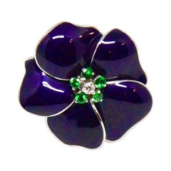 Purple Enamel Diamond Green Garnet White Gold Flower Cocktail Ring