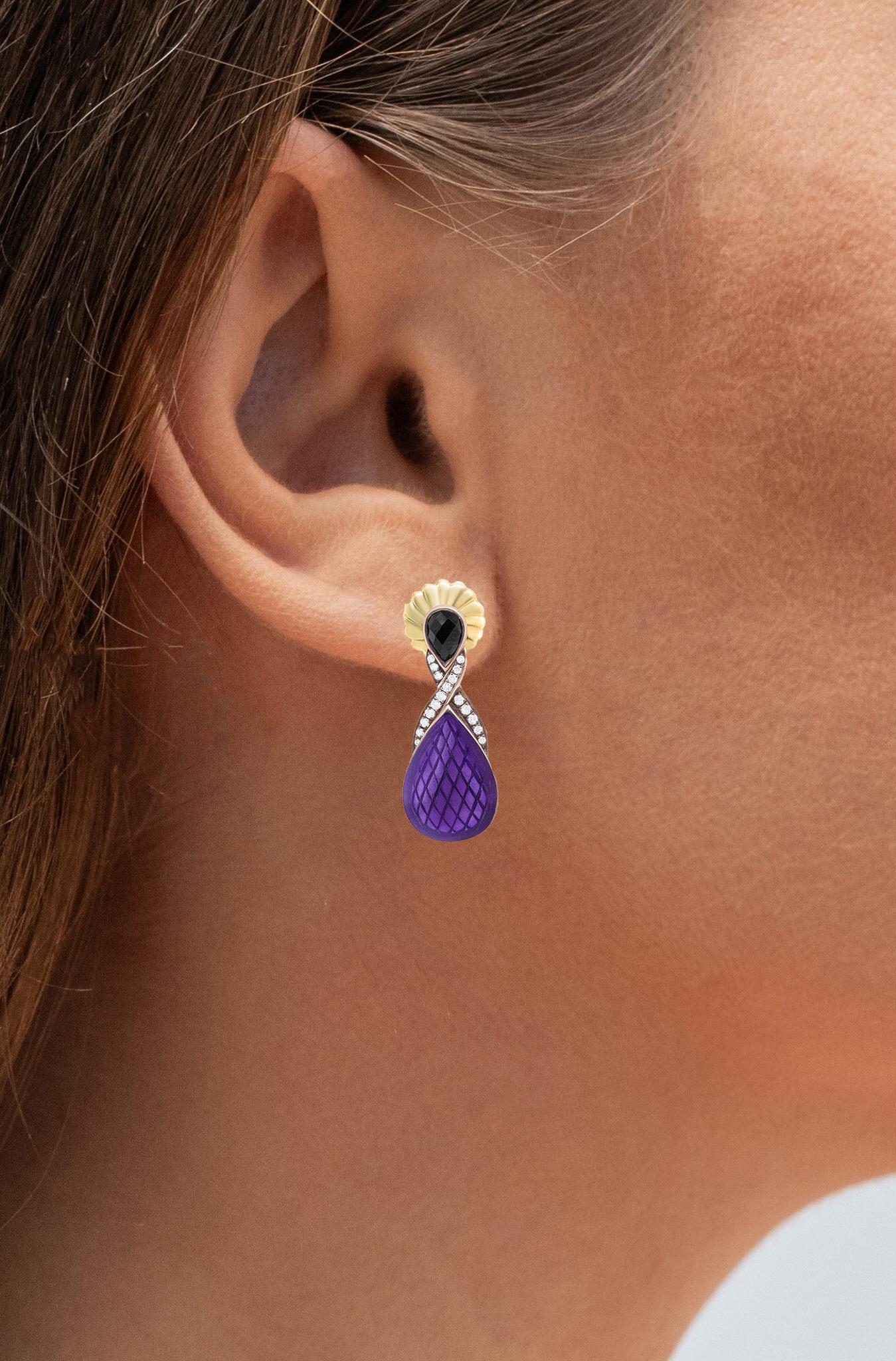 Contemporary Purple Enamel Drop Earrings Diamonds and Onyx 18K Gold Plated For Sale