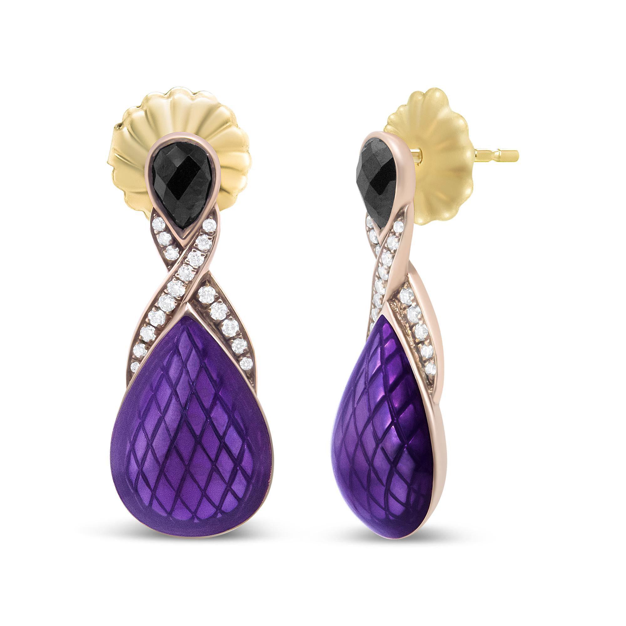 Mixed Cut Purple Enamel Drop Earrings Diamonds and Onyx 18K Gold Plated For Sale