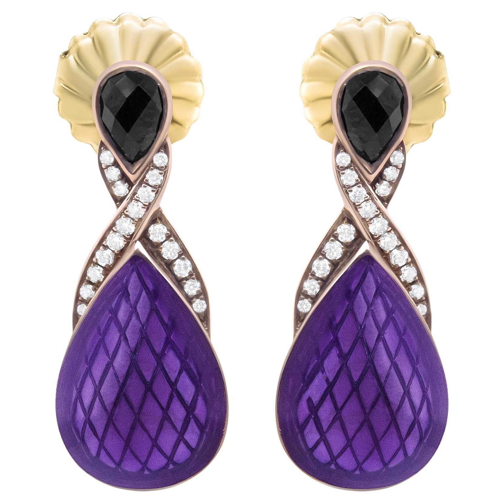 Purple Enamel Drop Earrings Diamonds and Onyx 18K Gold Plated For Sale