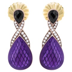 Boucles d'oreilles pendantes plaquées or 18 carats, émail violet, diamants et onyx