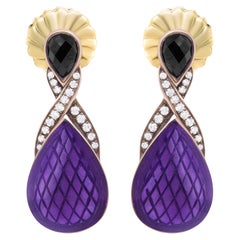 Purple Enamel Drop Earrings Diamonds and Onyx 18K Gold Plated