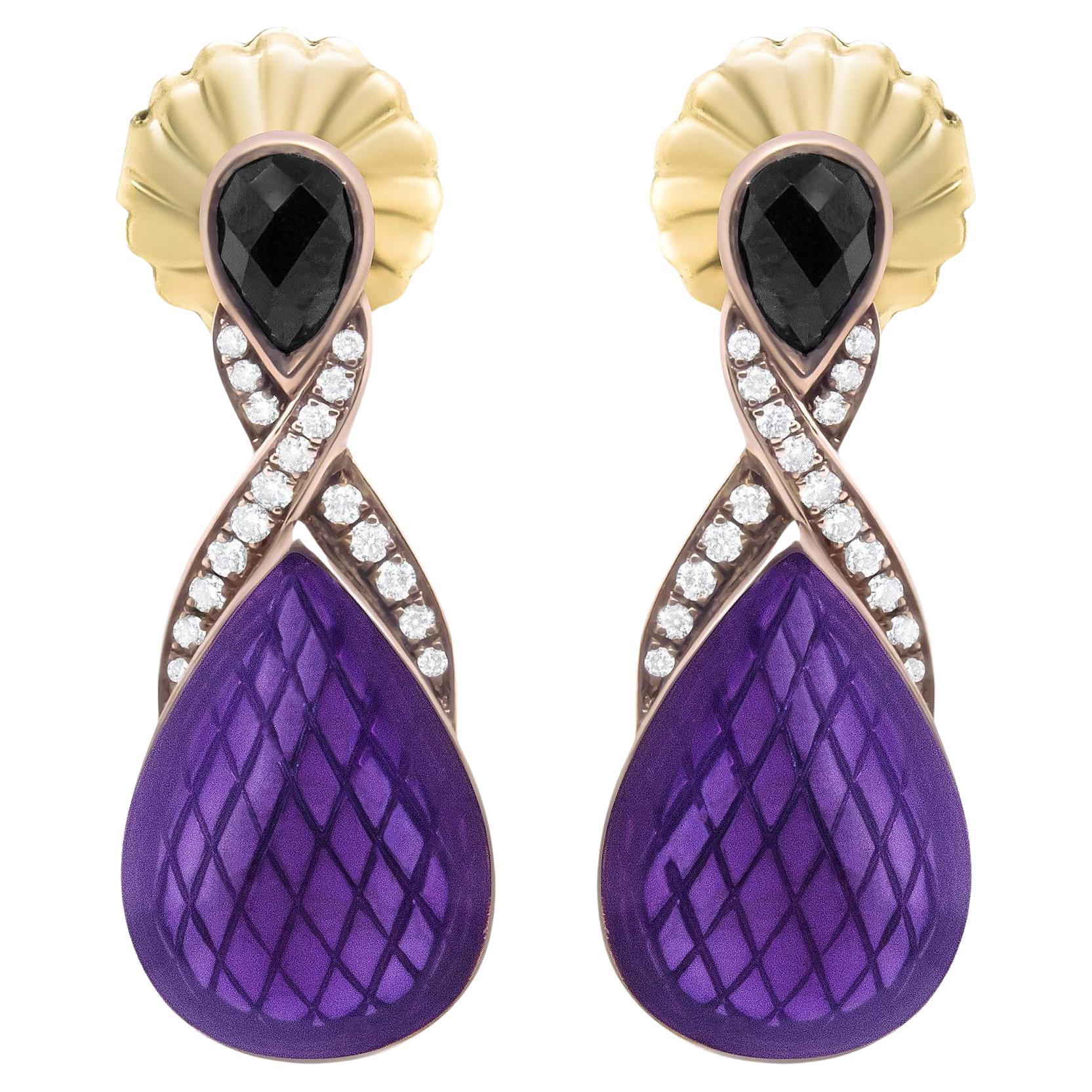 Purple Enamel Drop Earrings Diamonds and Onyx 18K Gold Plated
